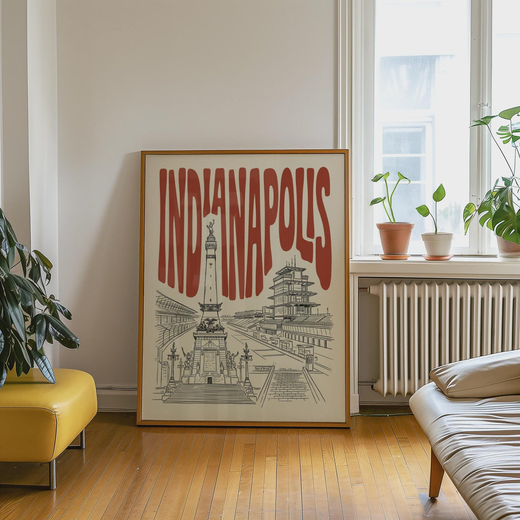 Indianapolis Wall Art, Minimalist Retro Skyline Framed Canvas Print, Indiana Home Decor