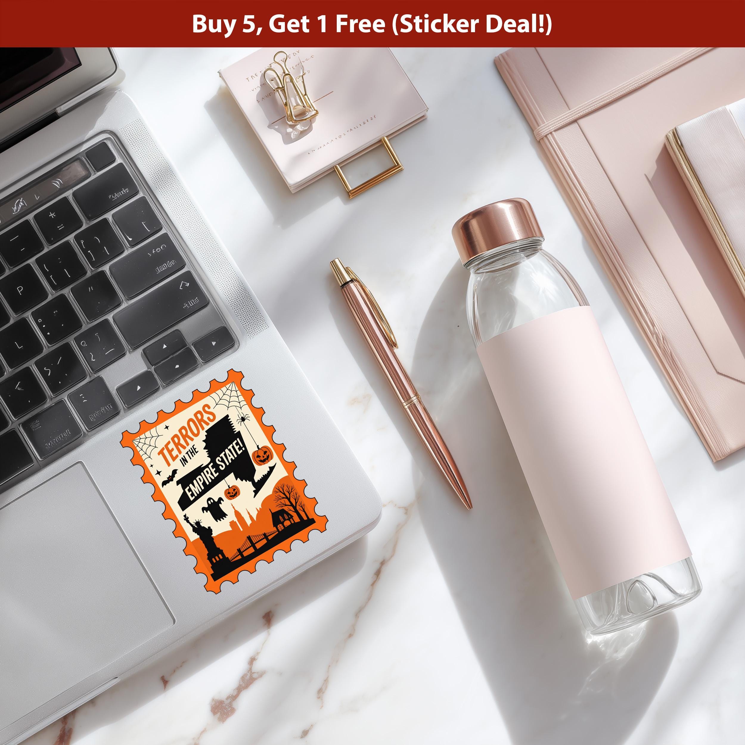 New York Stamp Halloween Sticker, Spooky USA Kiss-Cut Vinyl, Waterproof Decal, United States Travel