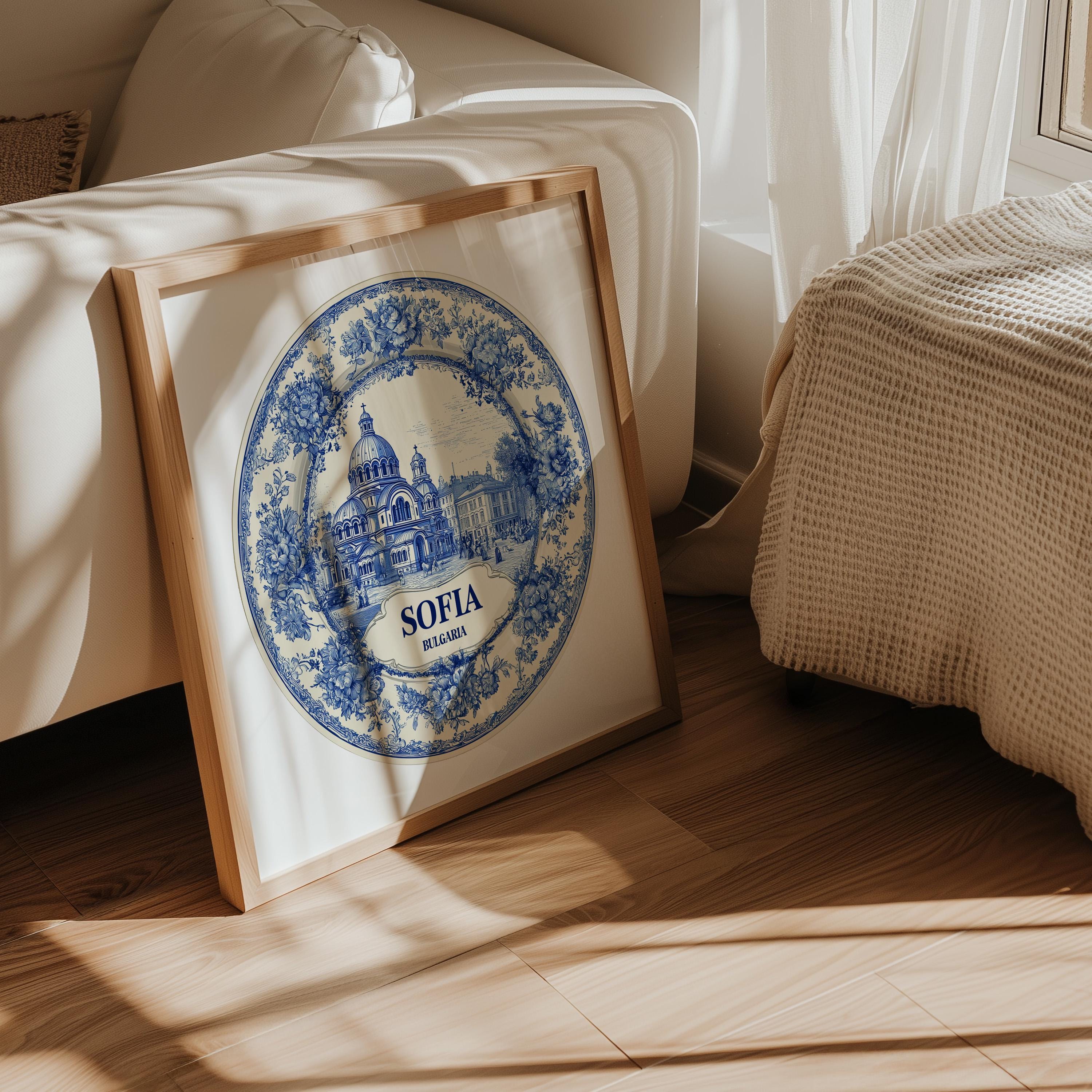 Sofia Bulgaria Wall Art, Vintage Delft Blue Poster, City Print, Travel Home Decor