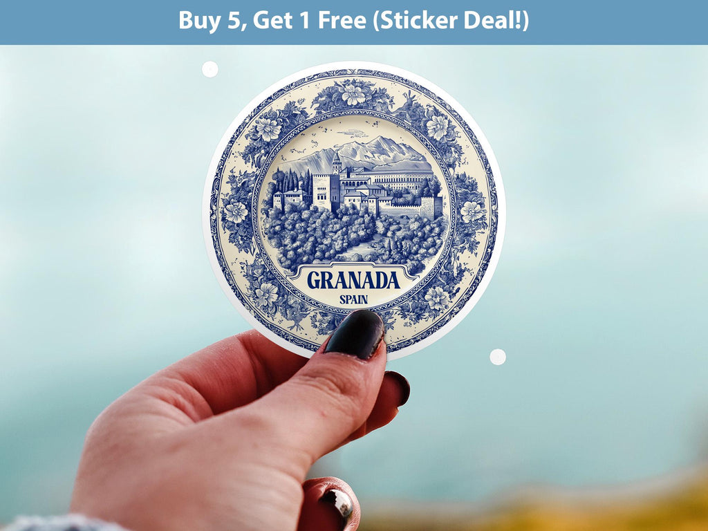 Granada Spain Sticker Vintage Delft style, Delftware Decal Waterproof Vinyl, Blue City Travel