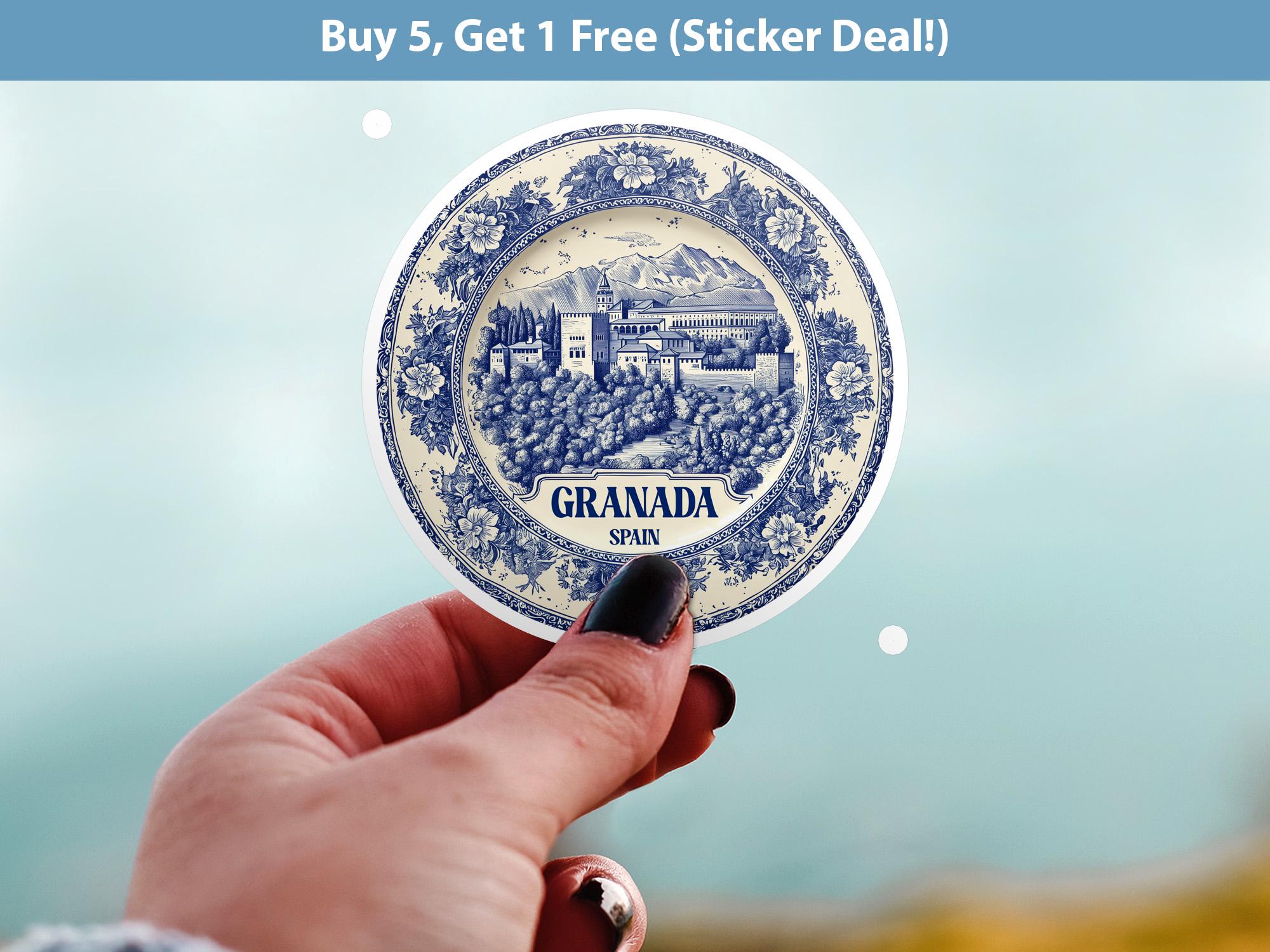 Granada Spain Sticker Vintage Delft style, Delftware Decal Waterproof Vinyl, Blue City Travel