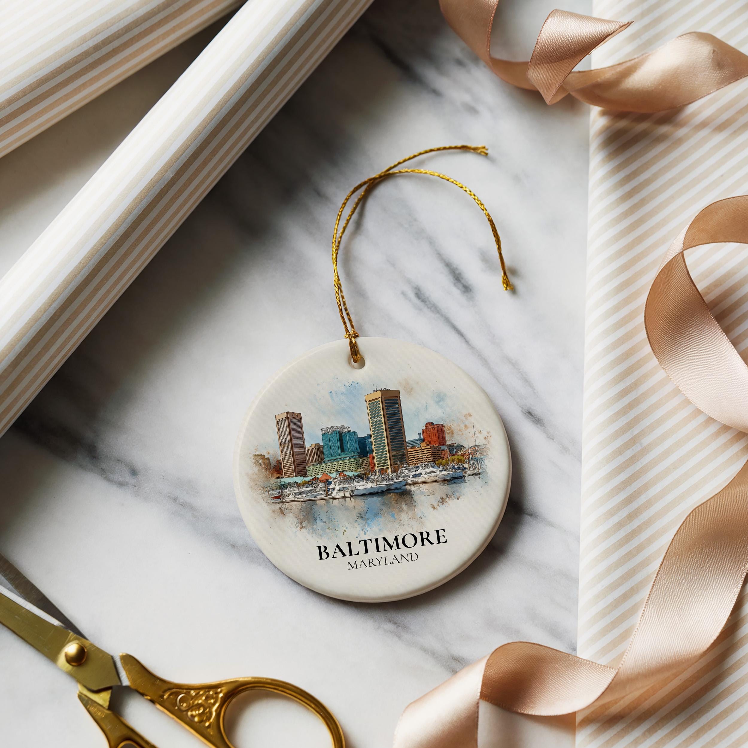 Baltimore Maryland Personalized Watercolor Ornament, Custom Ceramic Christmas gift, Travel Keepsake