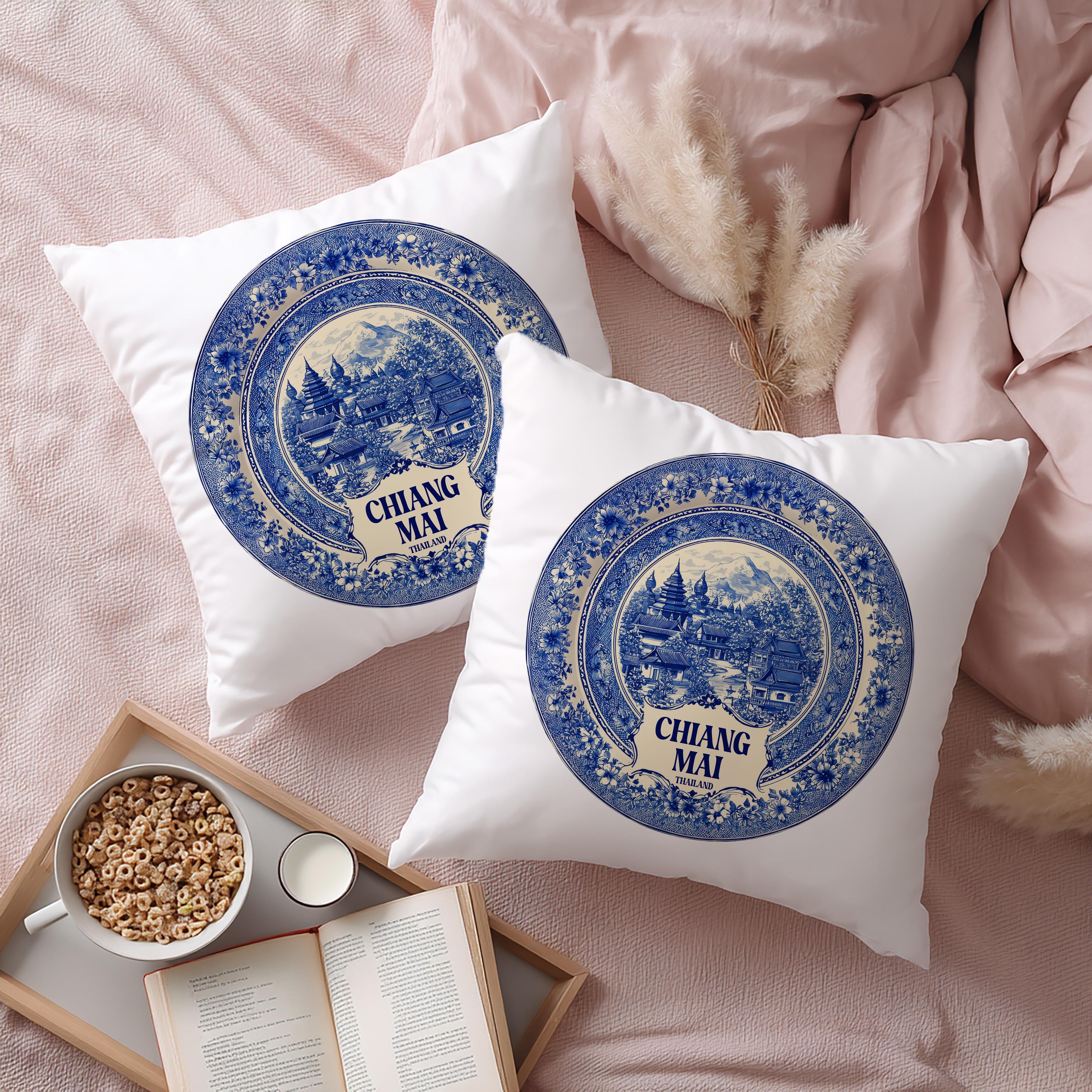 Chiang Mai Thailand Pillowcase, Delft Style Decorative Throw Pillow, Vintage Cityscape Retro Home Decor
