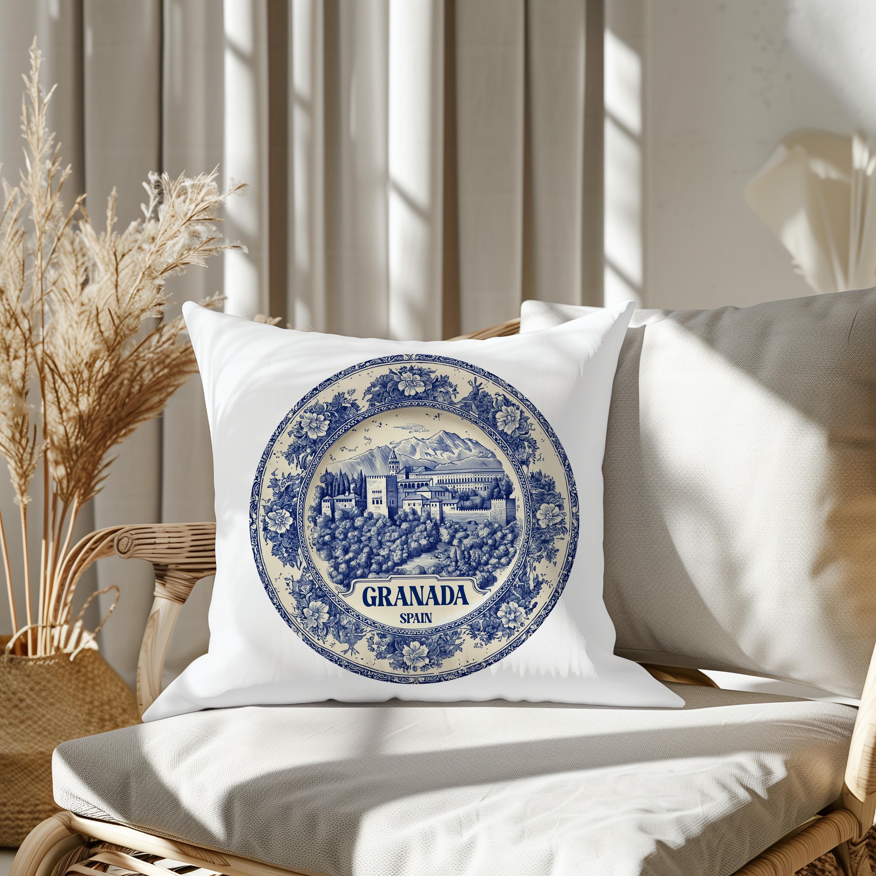 Granada Spain Pillowcase, Delft Style Decorative Throw Pillow, Vintage Cityscape Retro Home Decor