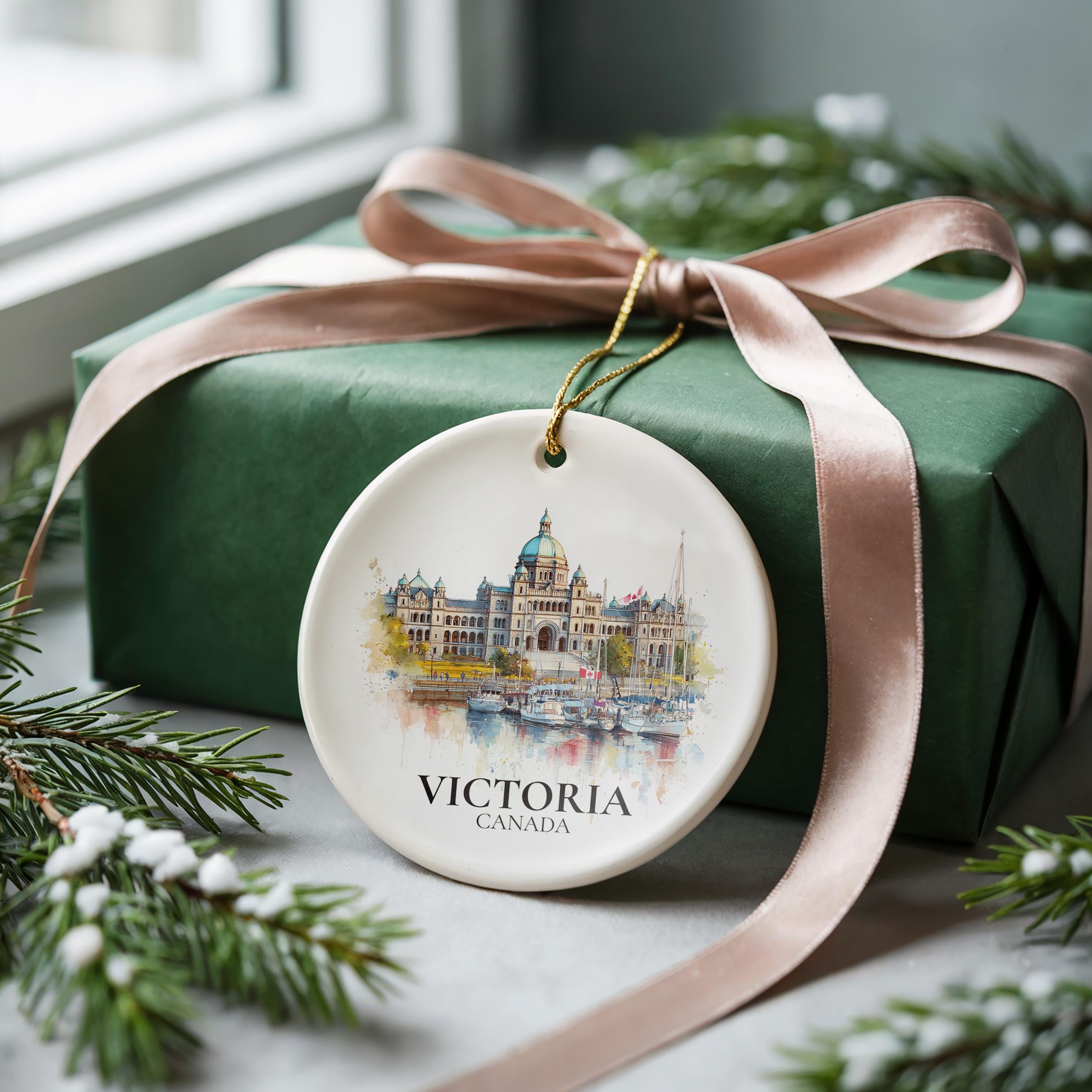 Victoria Canada Personalized Watercolor Ornament, Custom Ceramic Christmas gift, Travel Keepsake