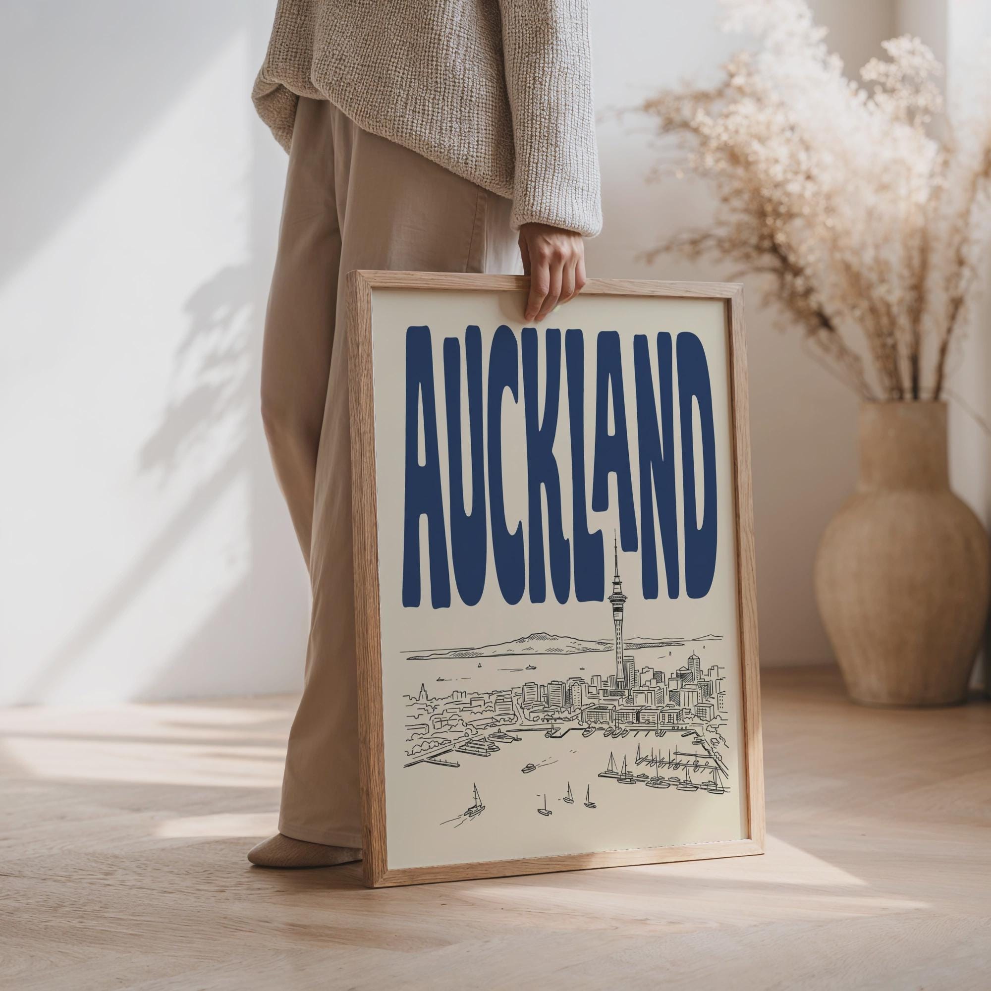 Auckland Skyline Wall Art, Framed Canvas, New Zealand Travel Print