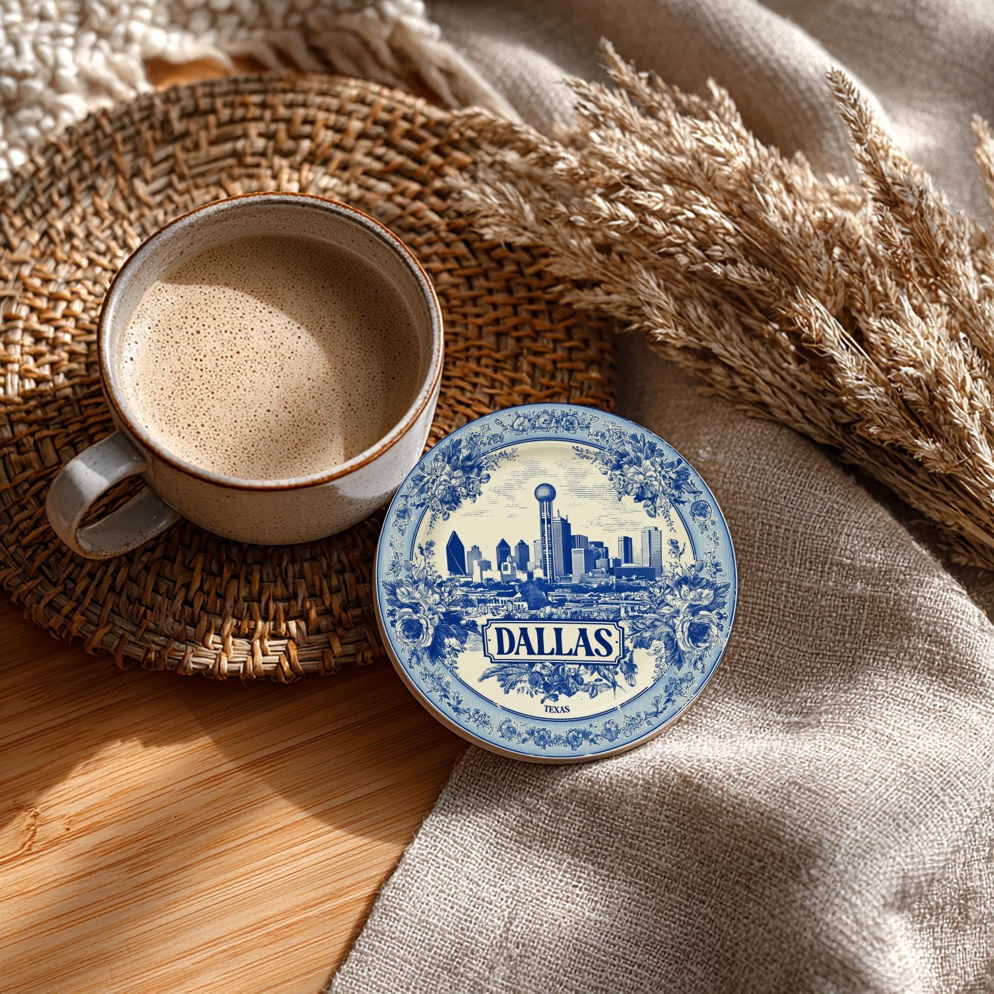 Dallas Texas Delftware Ceramic Coaster, Blue White Travel Gift, Vintage Home Decor Collectible - CuteBeePix