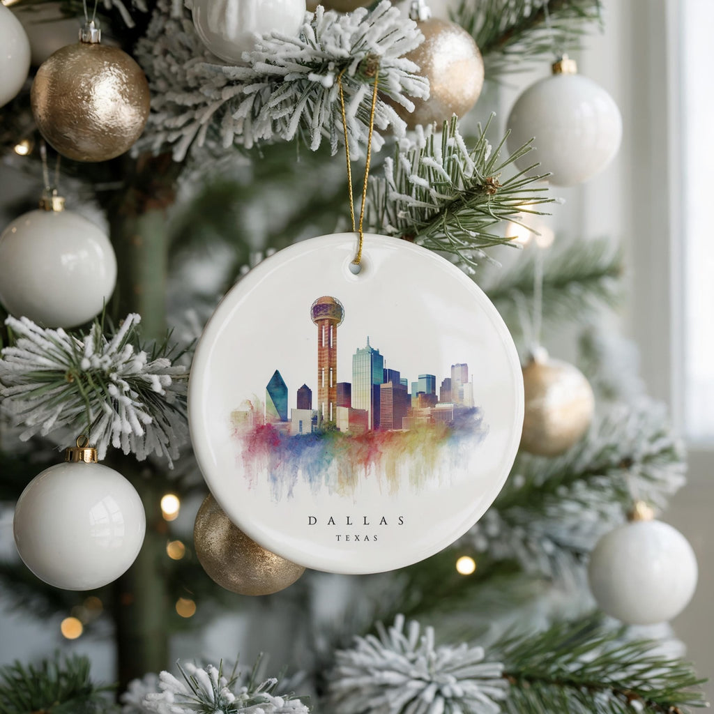 Dallas Texas Personalized Watercolor Ornament, Custom Ceramic Christmas gift, Travel Keepsake - CuteBeePix