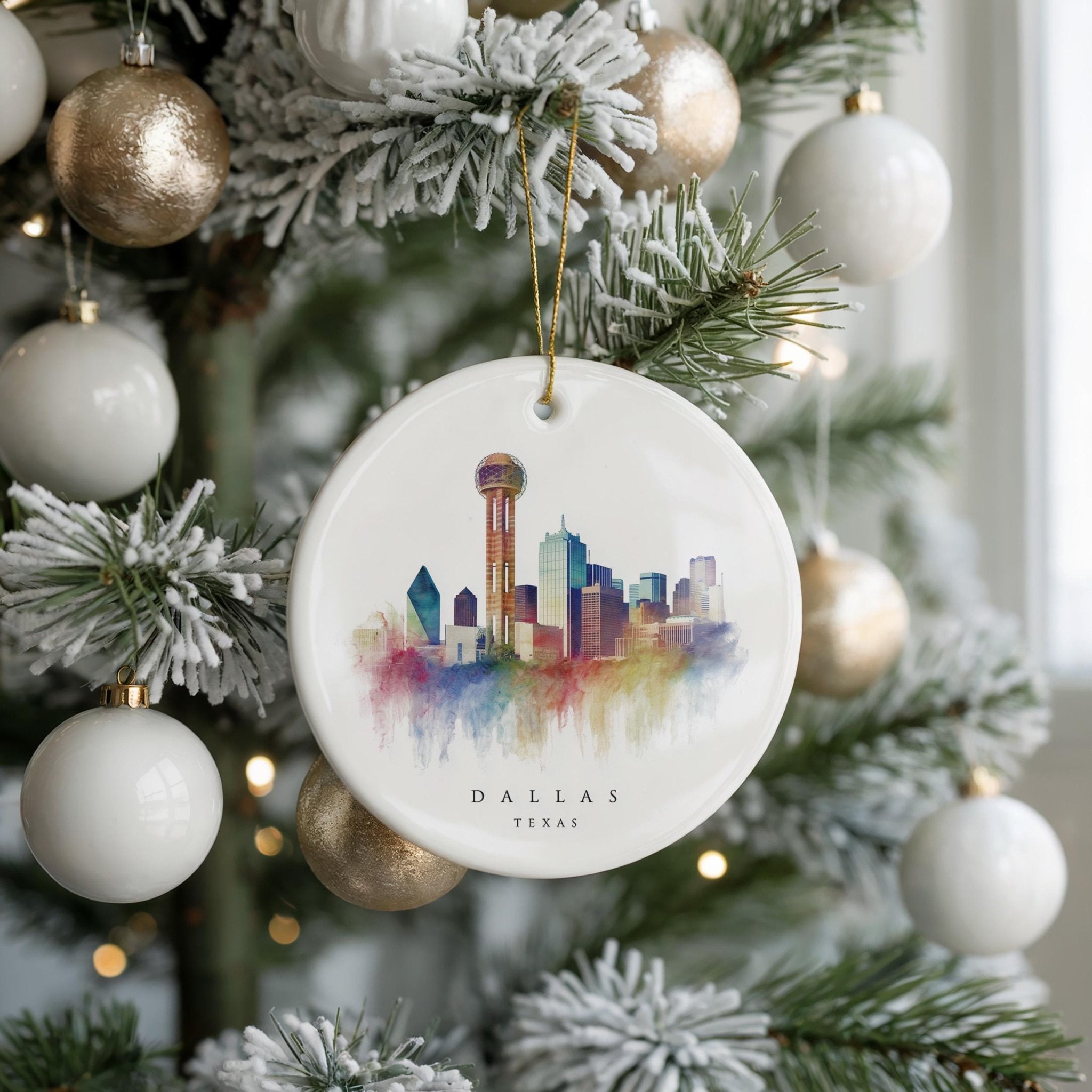 Dallas Texas Personalized Watercolor Ornament, Custom Ceramic Christmas gift, Travel Keepsake - CuteBeePix