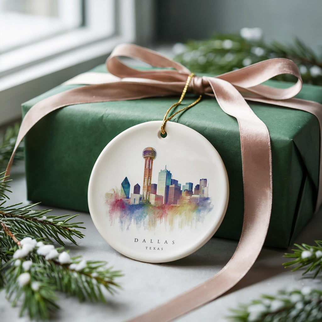 Dallas Texas Personalized Watercolor Ornament, Custom Ceramic Christmas gift, Travel Keepsake - CuteBeePix