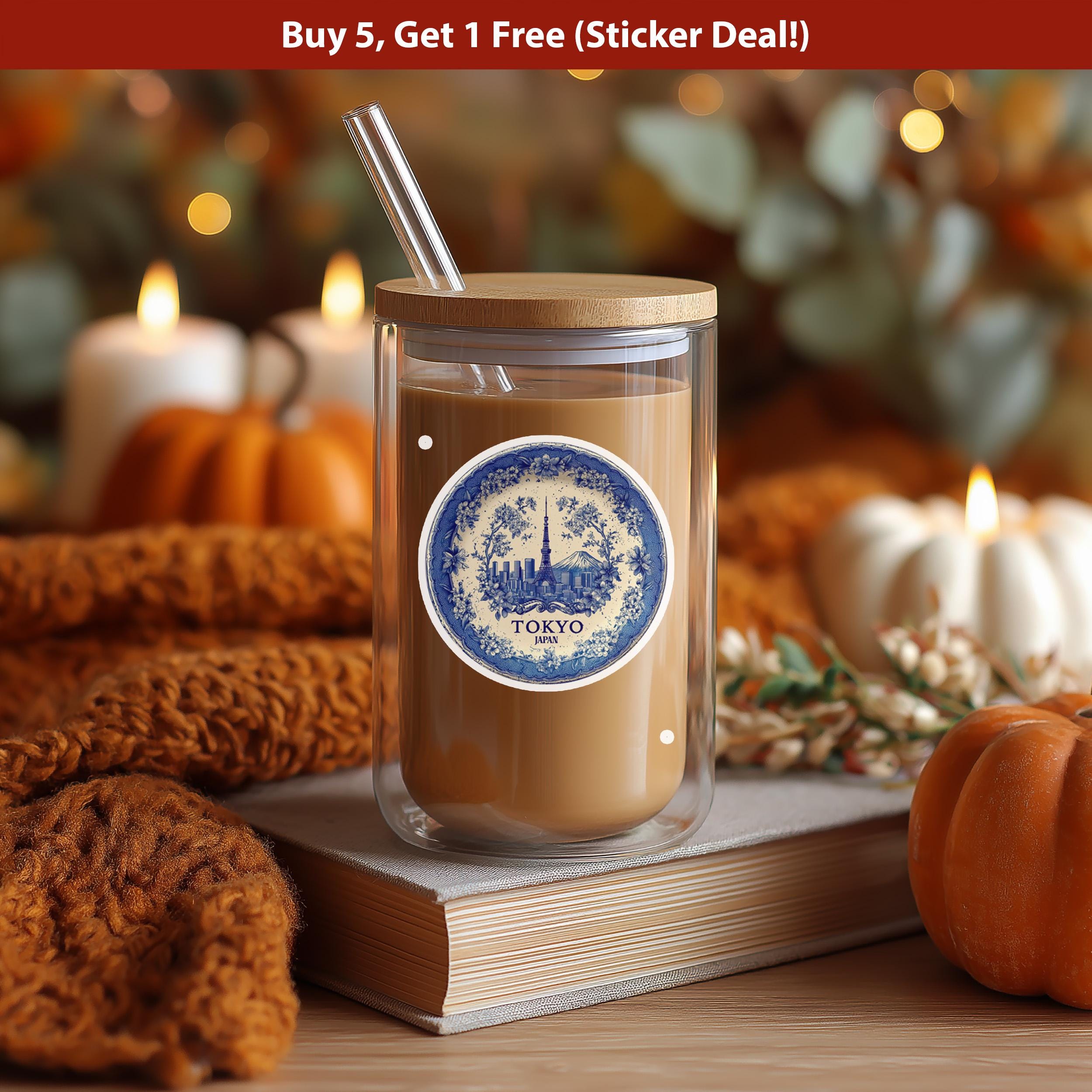 Tokyo Japan Sticker Vintage Delft style, Delftware Decal Waterproof Vinyl, Blue City Travel