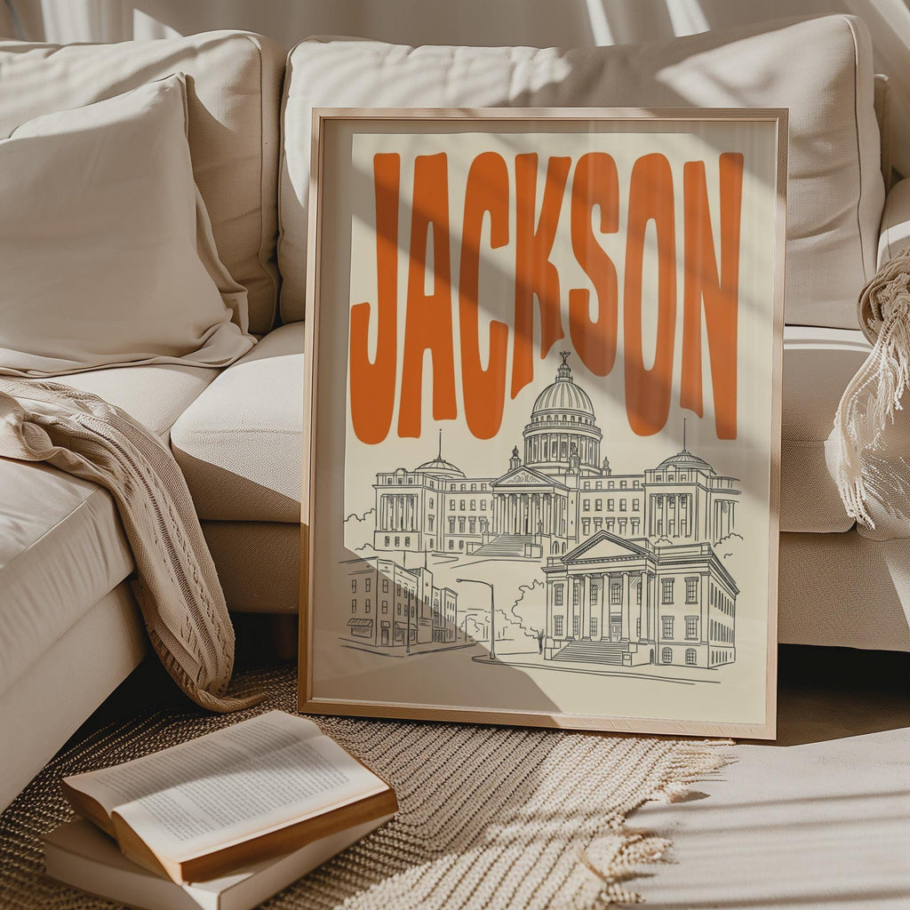 Jackson Mississippi Wall Minimalist Art, Framed Canvas Print, State Capitol Skyline Decor