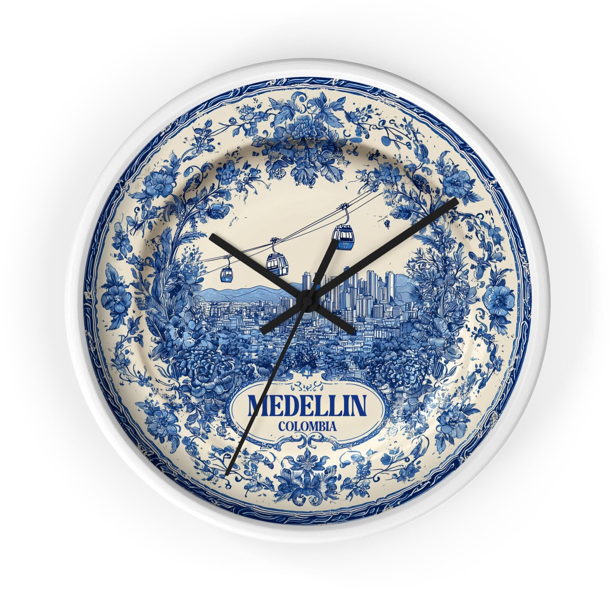 Medellin Colombia Wall Clock, Delf style Home Decor, Vintage City Travel Keepsake Art