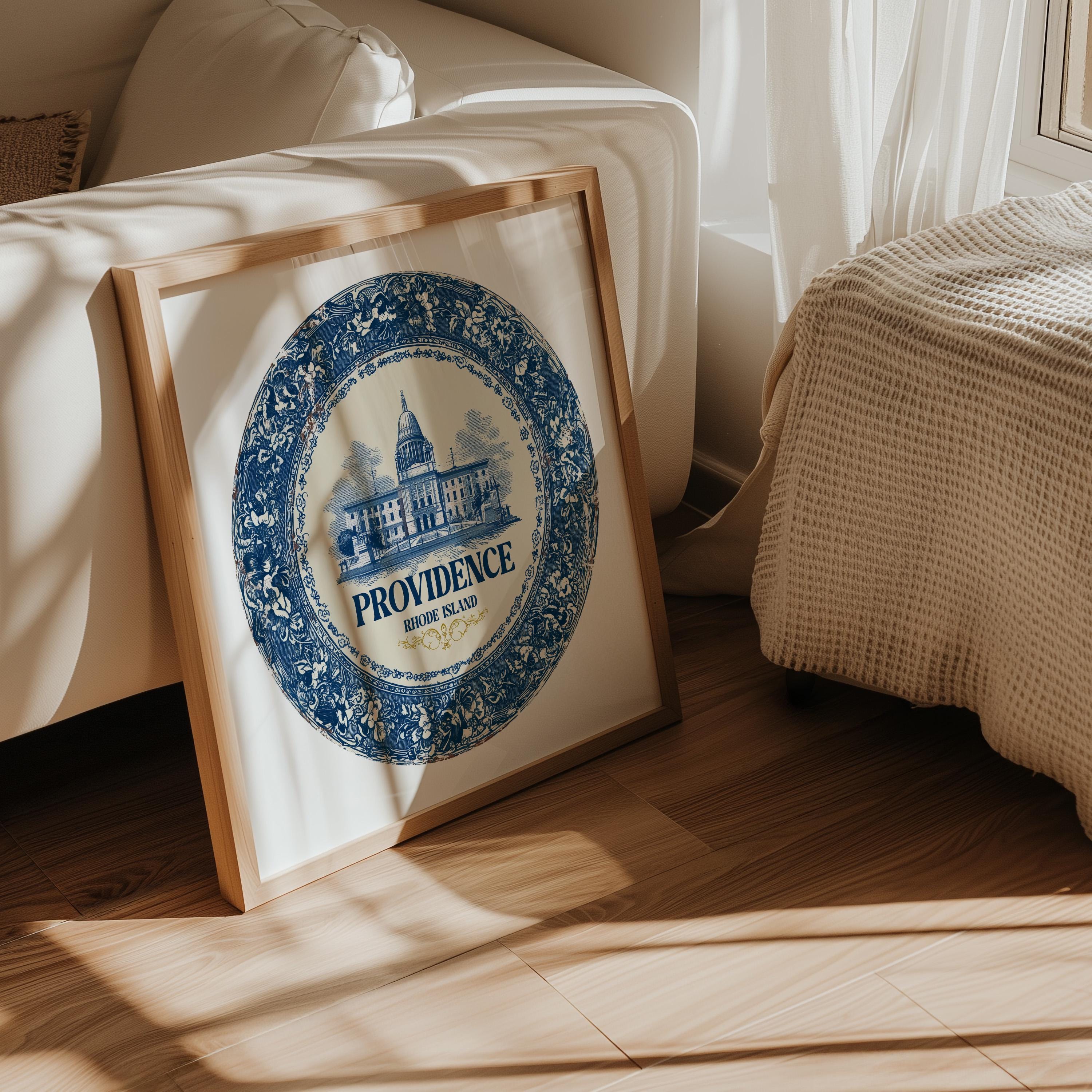 Providence Rhode Island Wall Art, Vintage Delft Blue Poster, City Print, Travel Home Decor