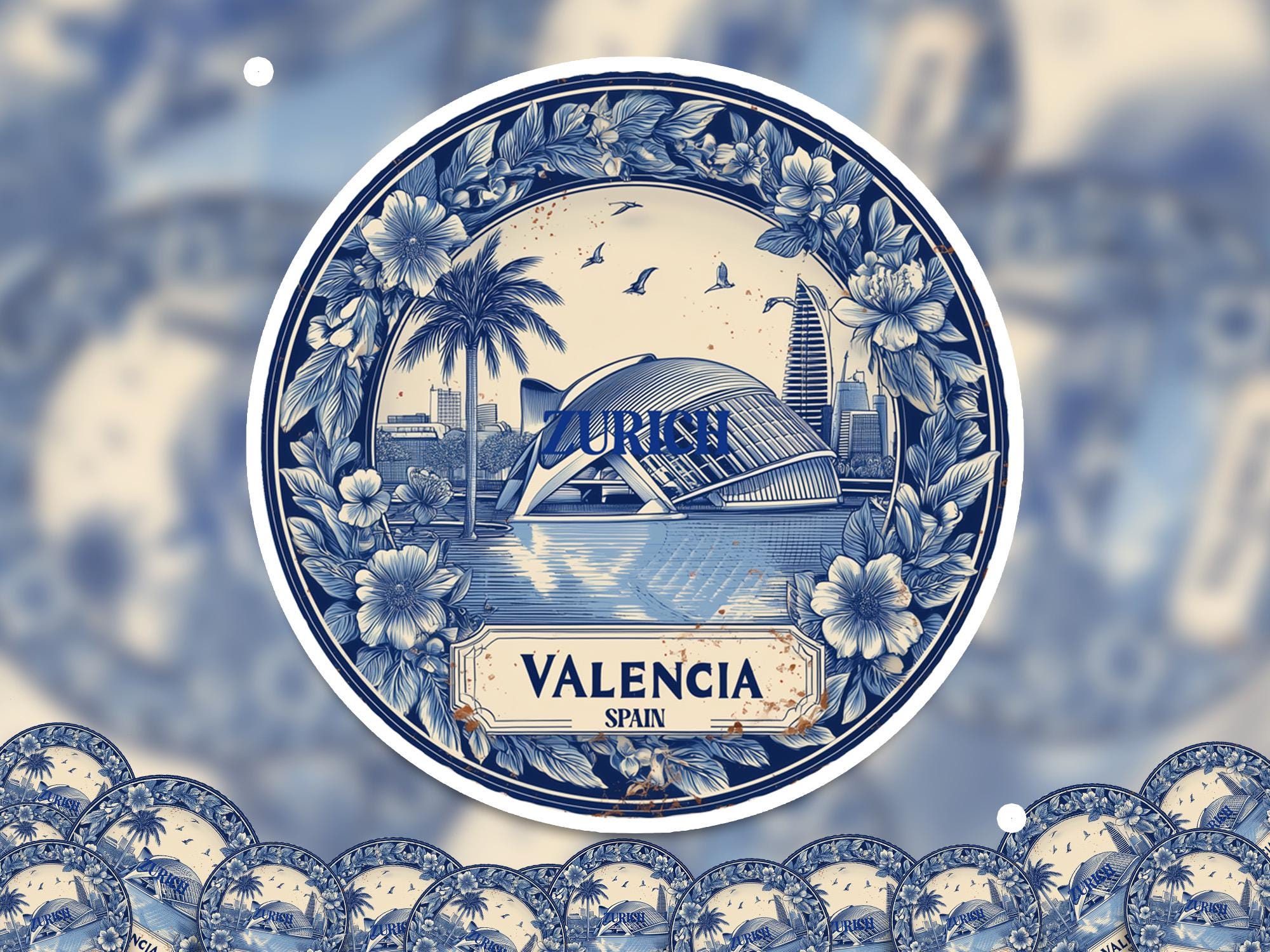 Valencia Spain Sticker Vintage Delft style, Delftware Decal Waterproof Vinyl, Blue City Travel