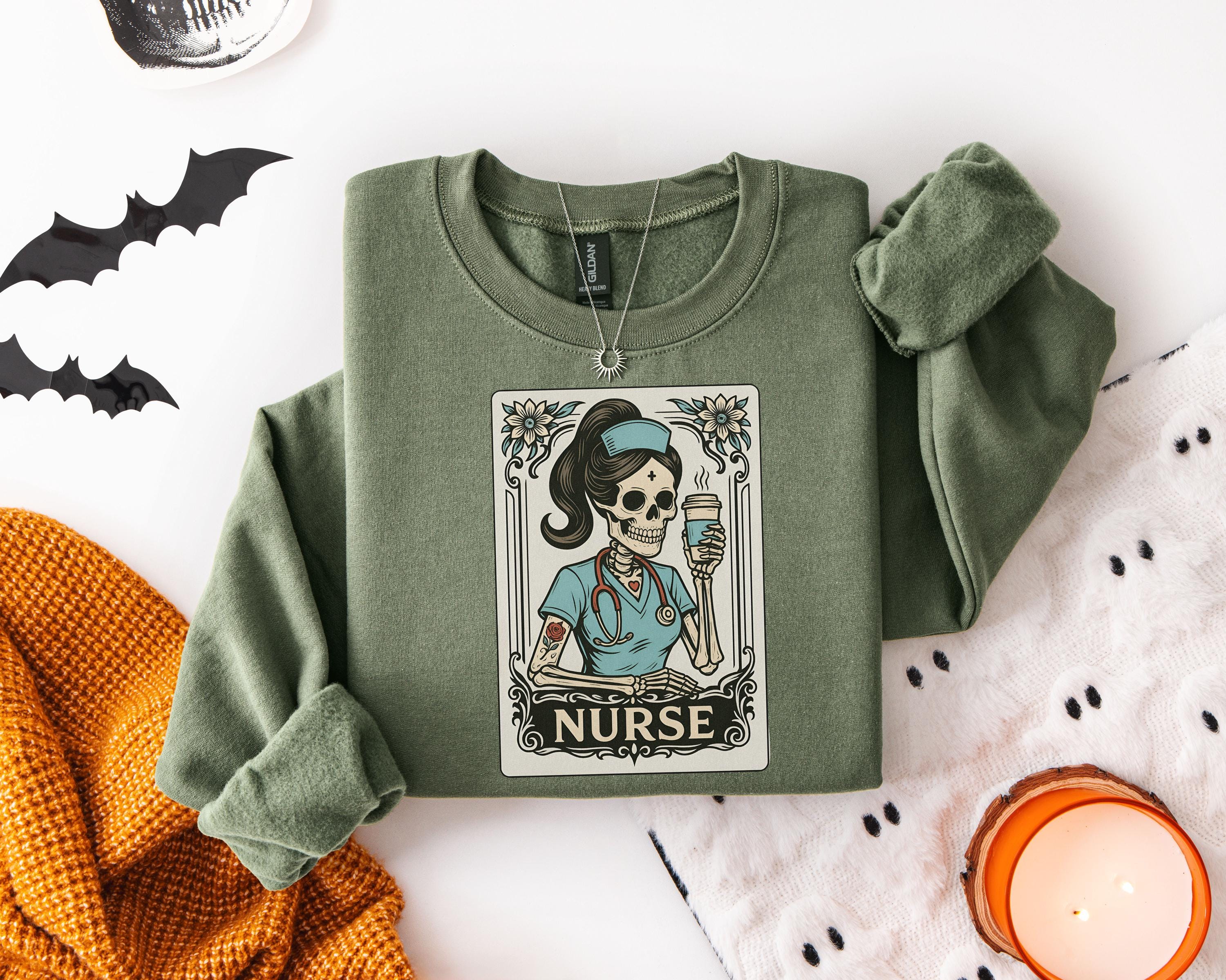 Spooky Nurse Tarot Card Sweatshirt, Gothic Skeleton RN Top, Halloween Witchy Medical Apparel, Retro Occult Pullover, Creepy Gift for Nurse