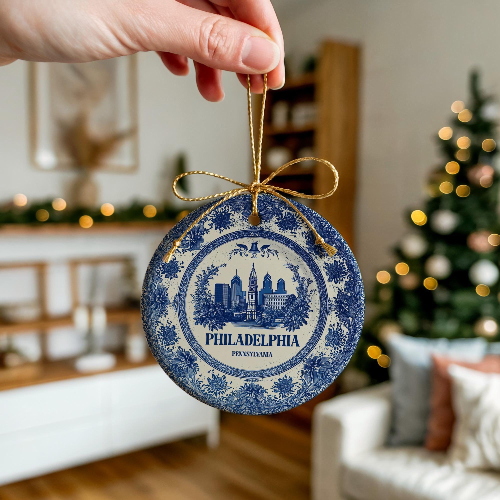 Custom Philadelphia Delftware Ceramic Ornament: City Travel Keepsake