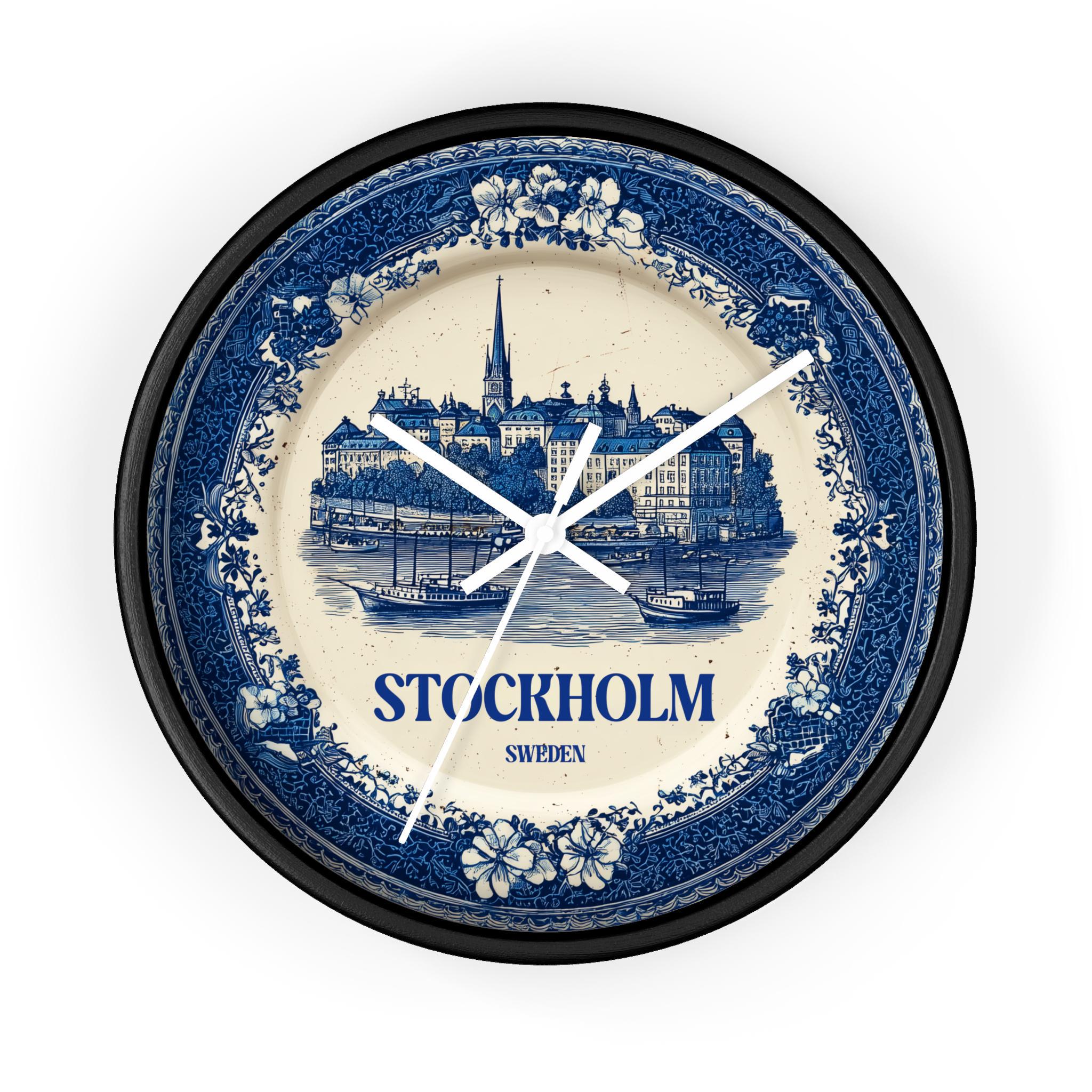Stockholm Sweden Wall Clock, Delf style Home Decor, Vintage City Travel Keepsake Art