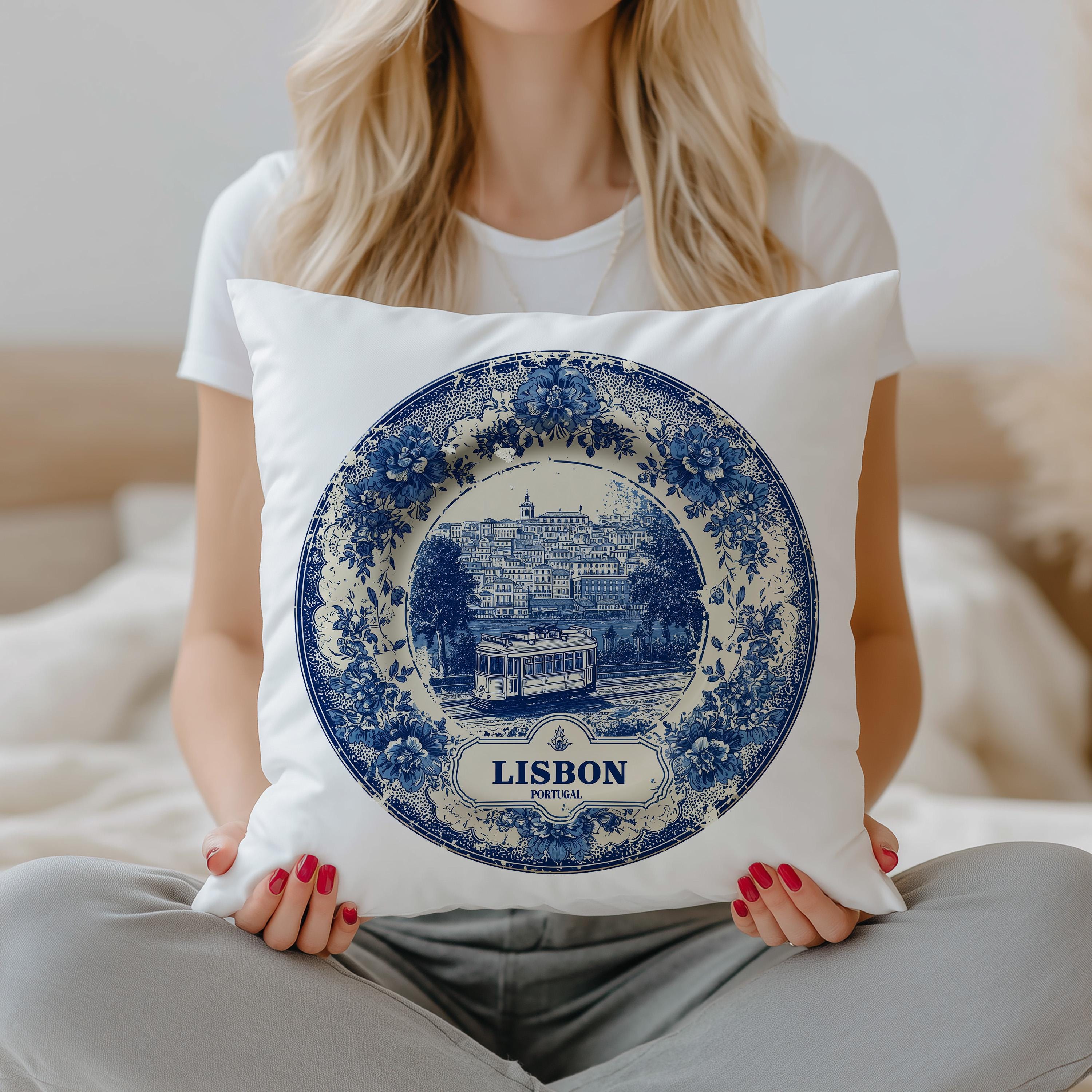 Lisbon Portugal Pillowcase, Delft Style Decorative Throw Pillow, Vintage Cityscape Retro Home Decor