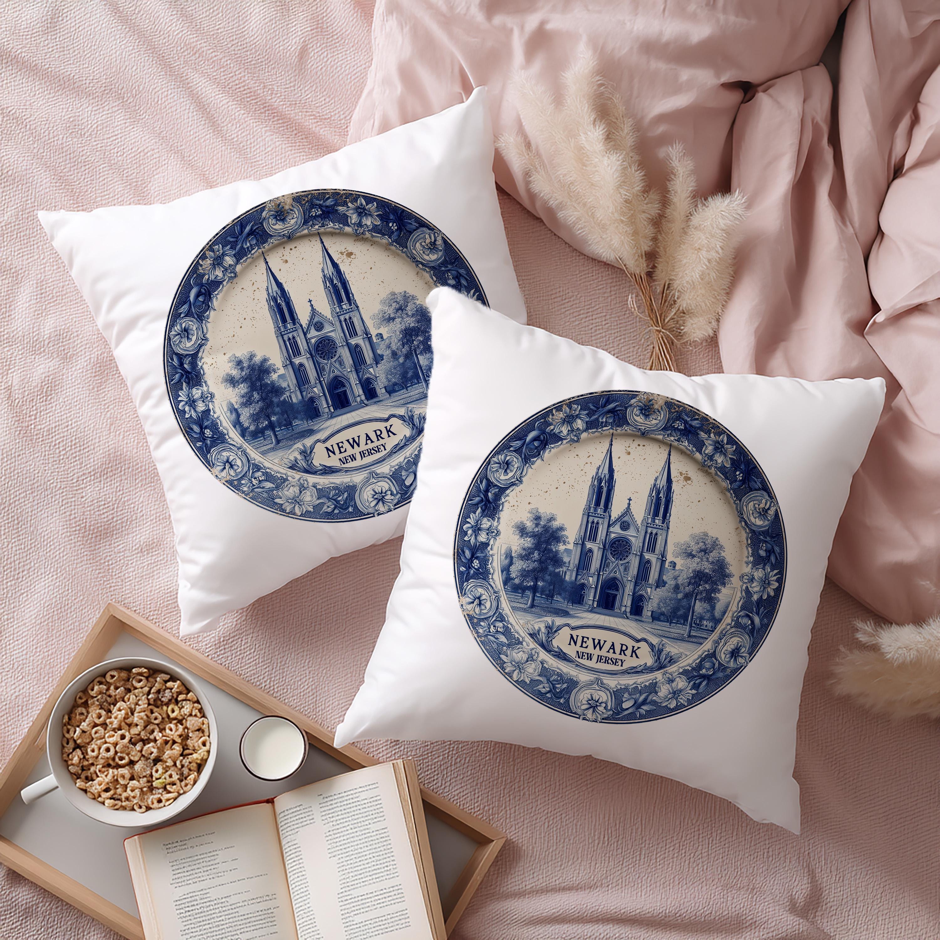 Newark New Jersey Pillowcase, Delft Style Decorative Throw Pillow, Vintage Cityscape Retro Home Decor