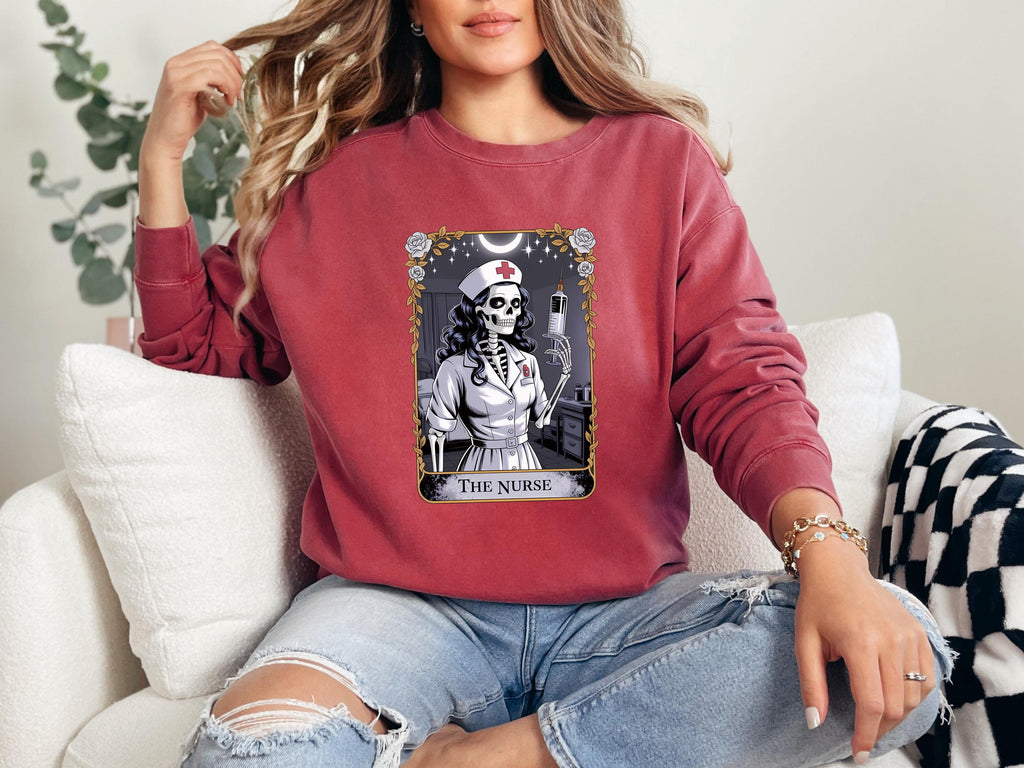 Halloween Nurse Skeleton Sweatshirt, Gothic Tarot Card Medical Pullover, Creepy RN Skull Top, Witchy Fall Aesthetic Shirt, Gift for Nurse