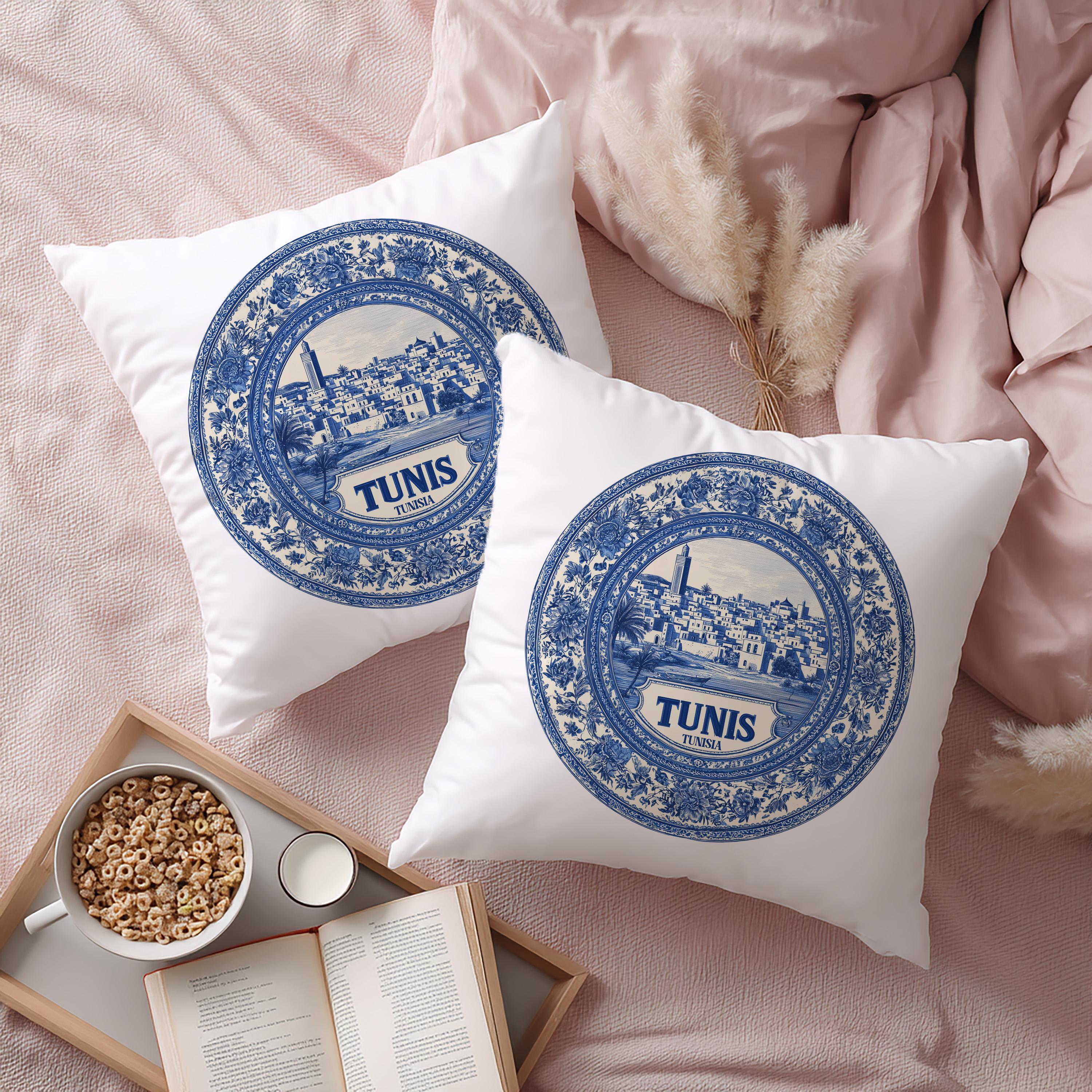 Tunis Tunisia Pillowcase, Delft Style Decorative Throw Pillow, Vintage Cityscape Retro Home Decor
