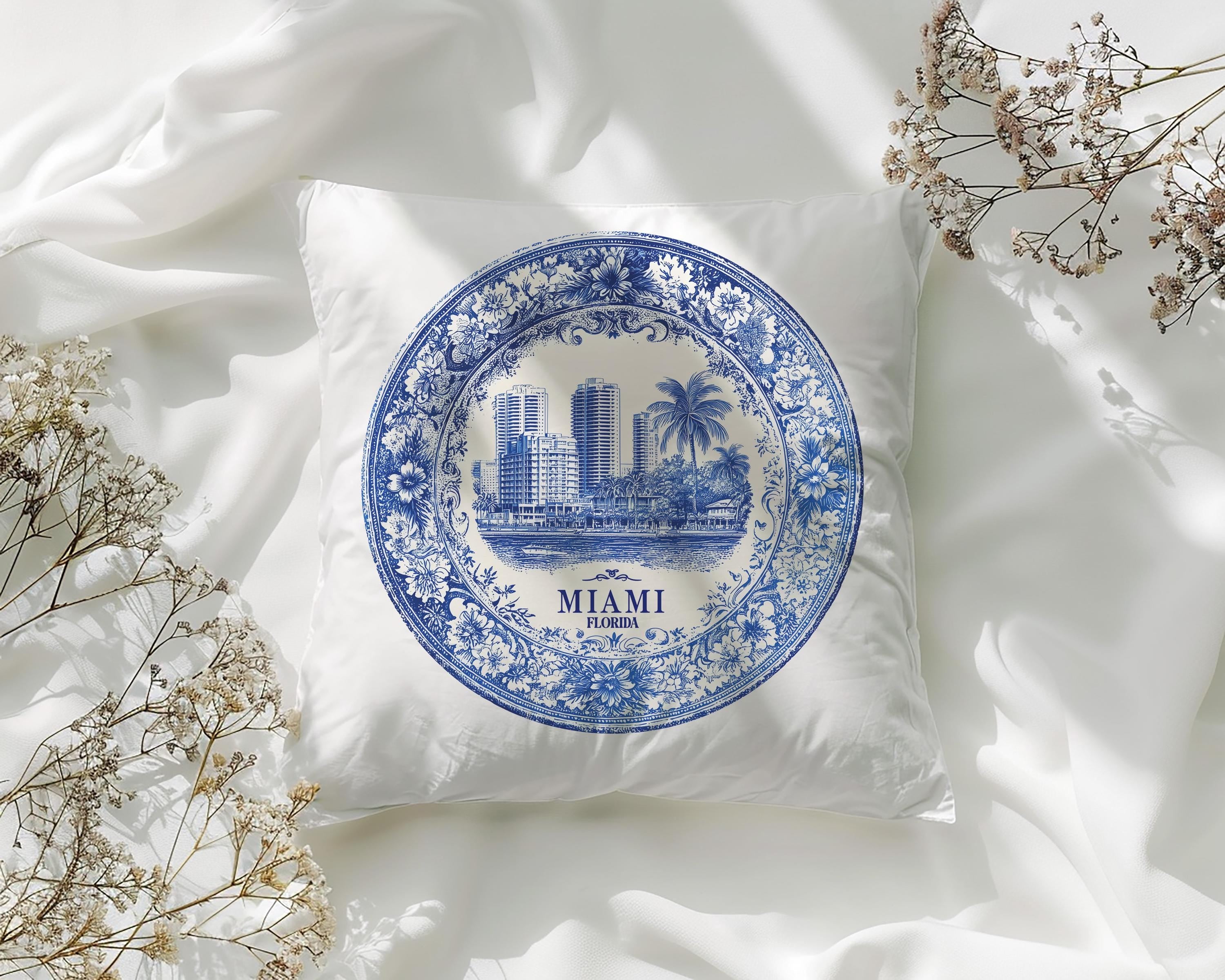 Miami Florida Pillowcase, Delft Style Decorative Throw Pillow, Vintage Cityscape Retro Home Decor