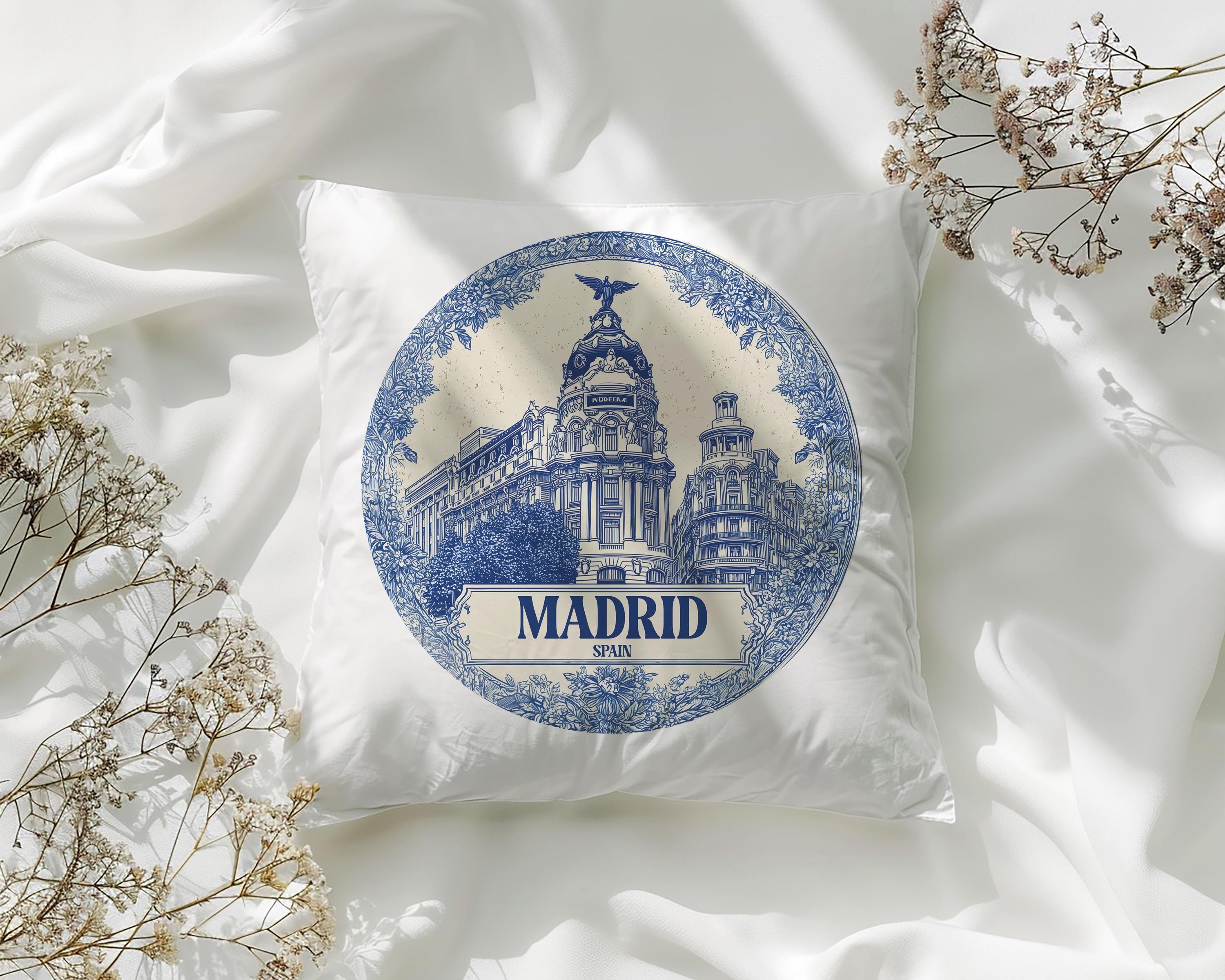 Madrid Spain Pillowcase, Delft Style Decorative Throw Pillow, Vintage Cityscape Retro Home Decor