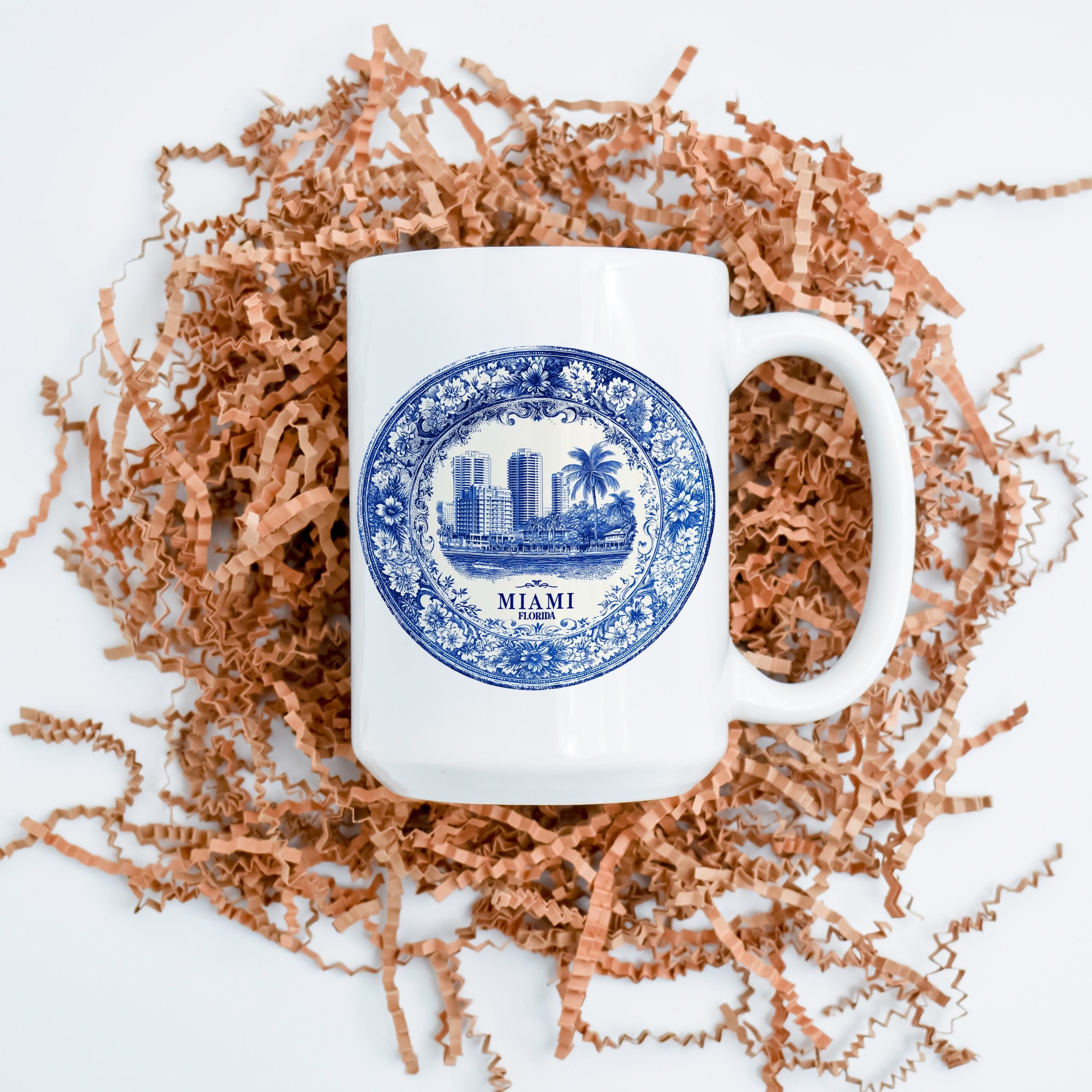 Miami Florida Mug, Custom Delft Style cup, Personalized Vintage Travel City Gift