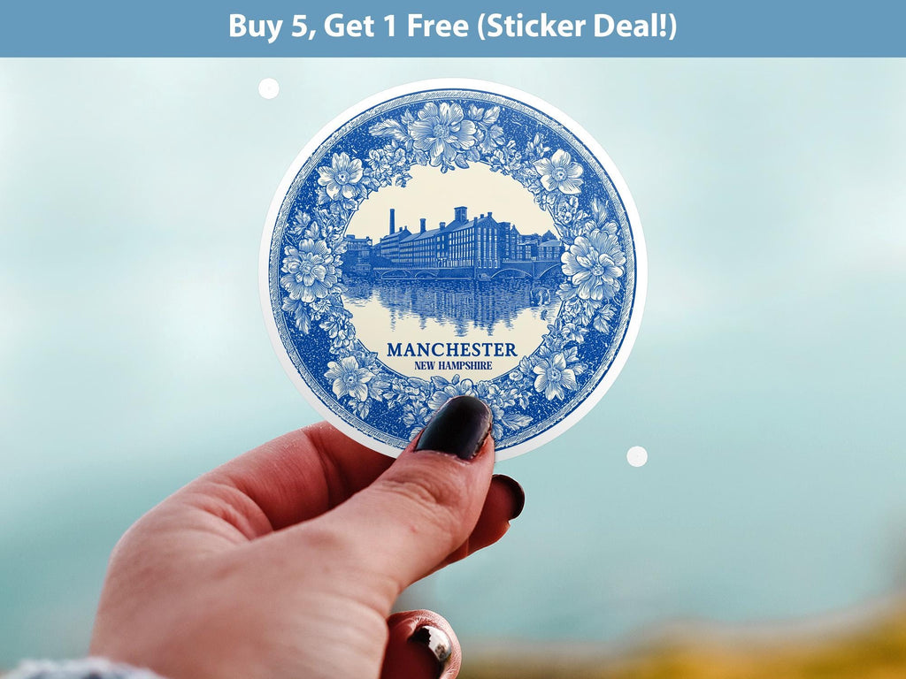 Manchester New Hampshire Sticker Vintage Delft style, Delftware Decal Waterproof Vinyl, Blue City Travel