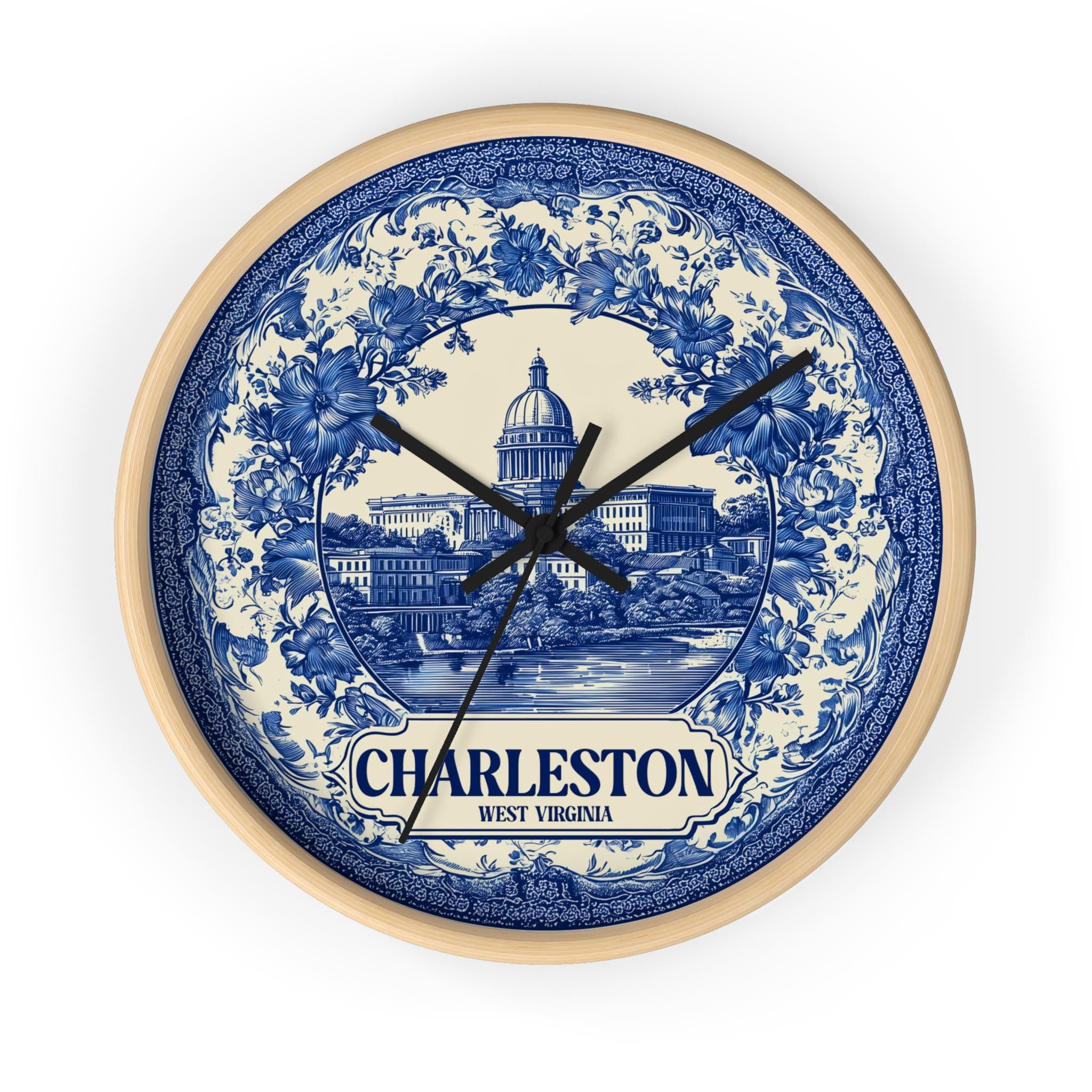 Charleston West Virginia Wall Clock, Delf style Home Decor, Vintage City Travel Keepsake Art