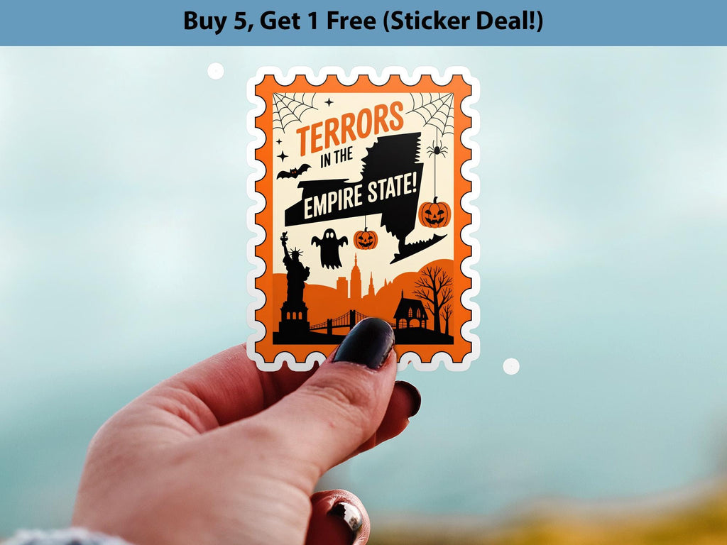 New York Stamp Halloween Sticker, Spooky USA Kiss-Cut Vinyl, Waterproof Decal, United States Travel