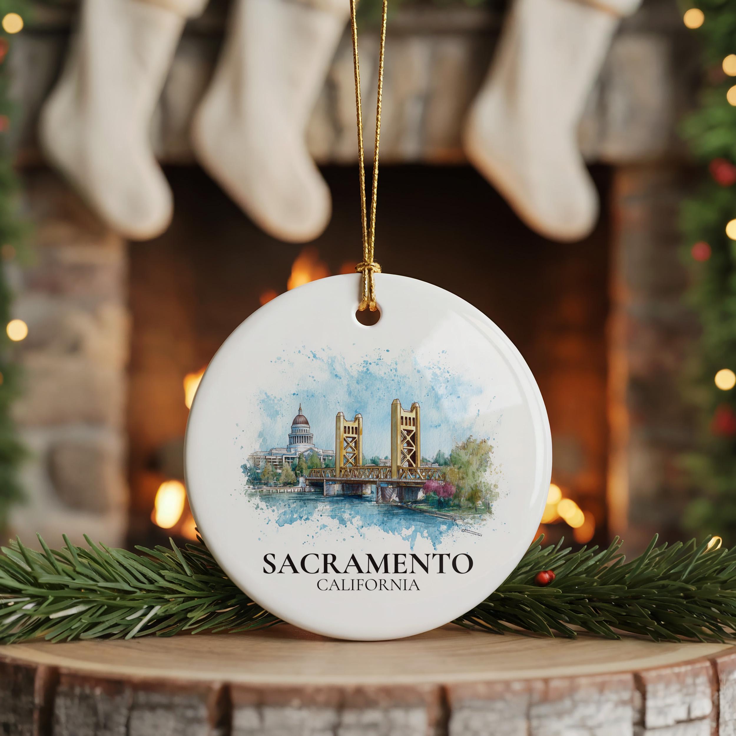 Sacramento California Personalized Watercolor Ornament, Custom Ceramic Christmas gift, Travel Keepsake