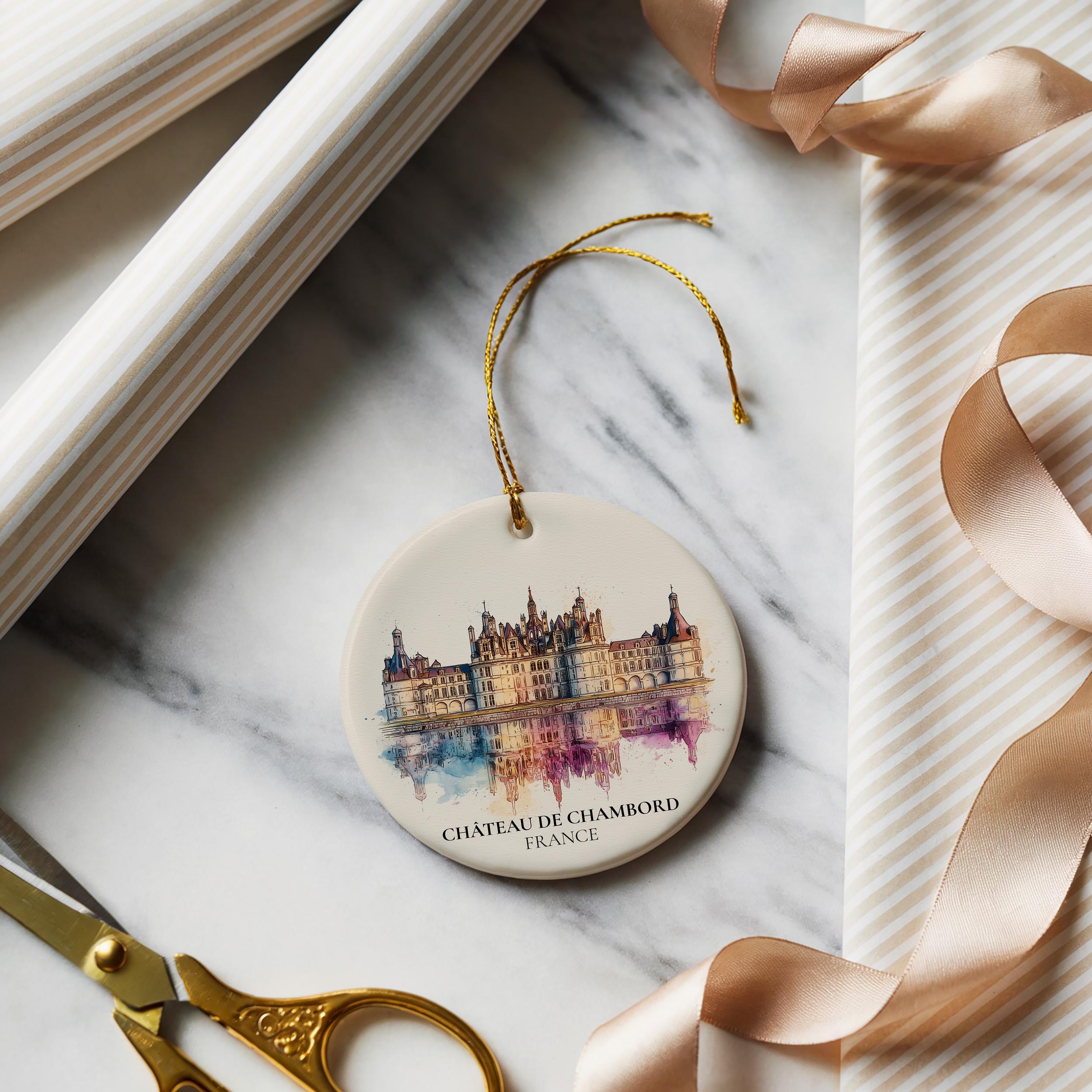 Chateau de Chambord France Personalized Watercolor Ornament, Custom Ceramic Christmas gift, Travel Keepsake