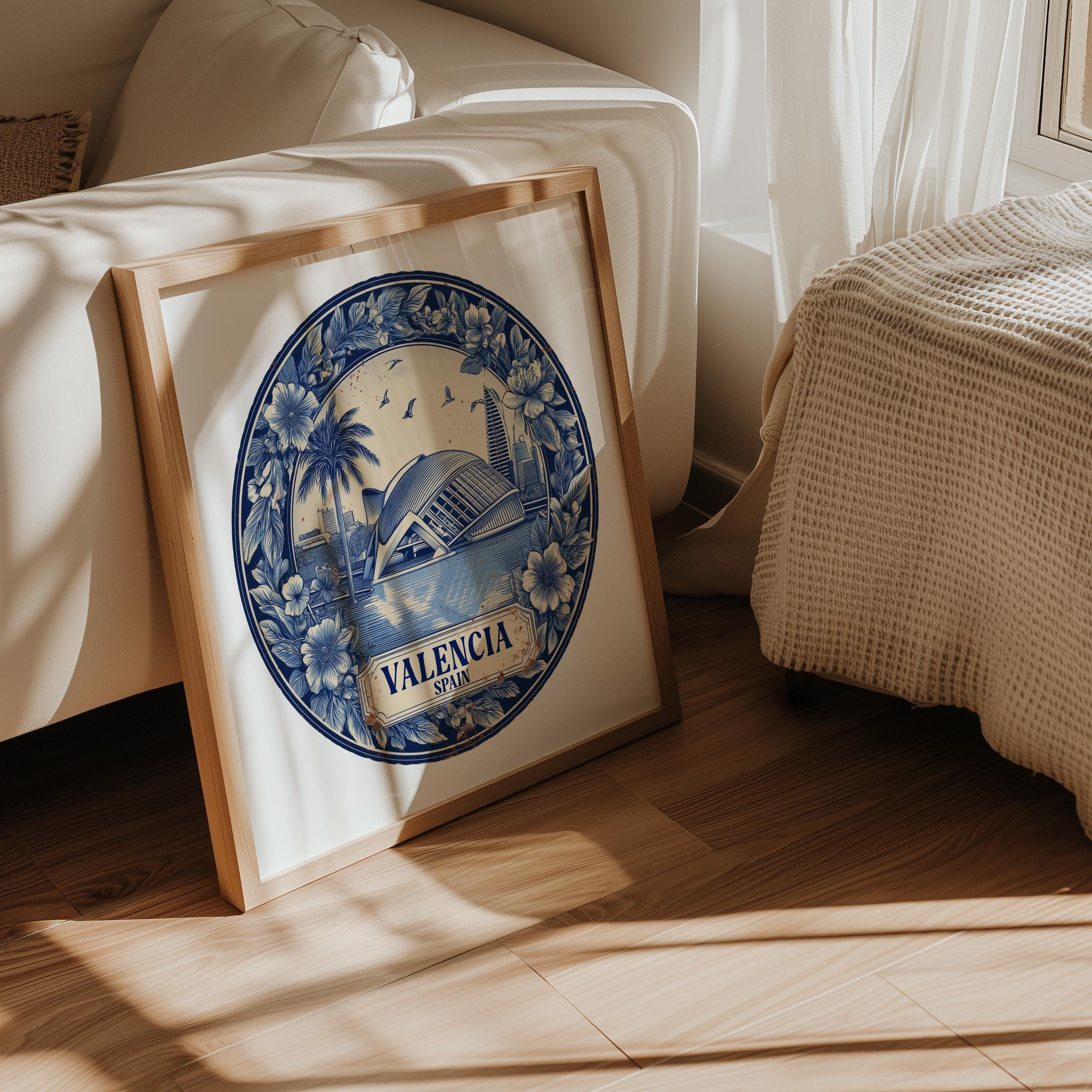 Valencia Spain Wall Art, Vintage Delft Blue Poster, City Print, Travel Home Decor