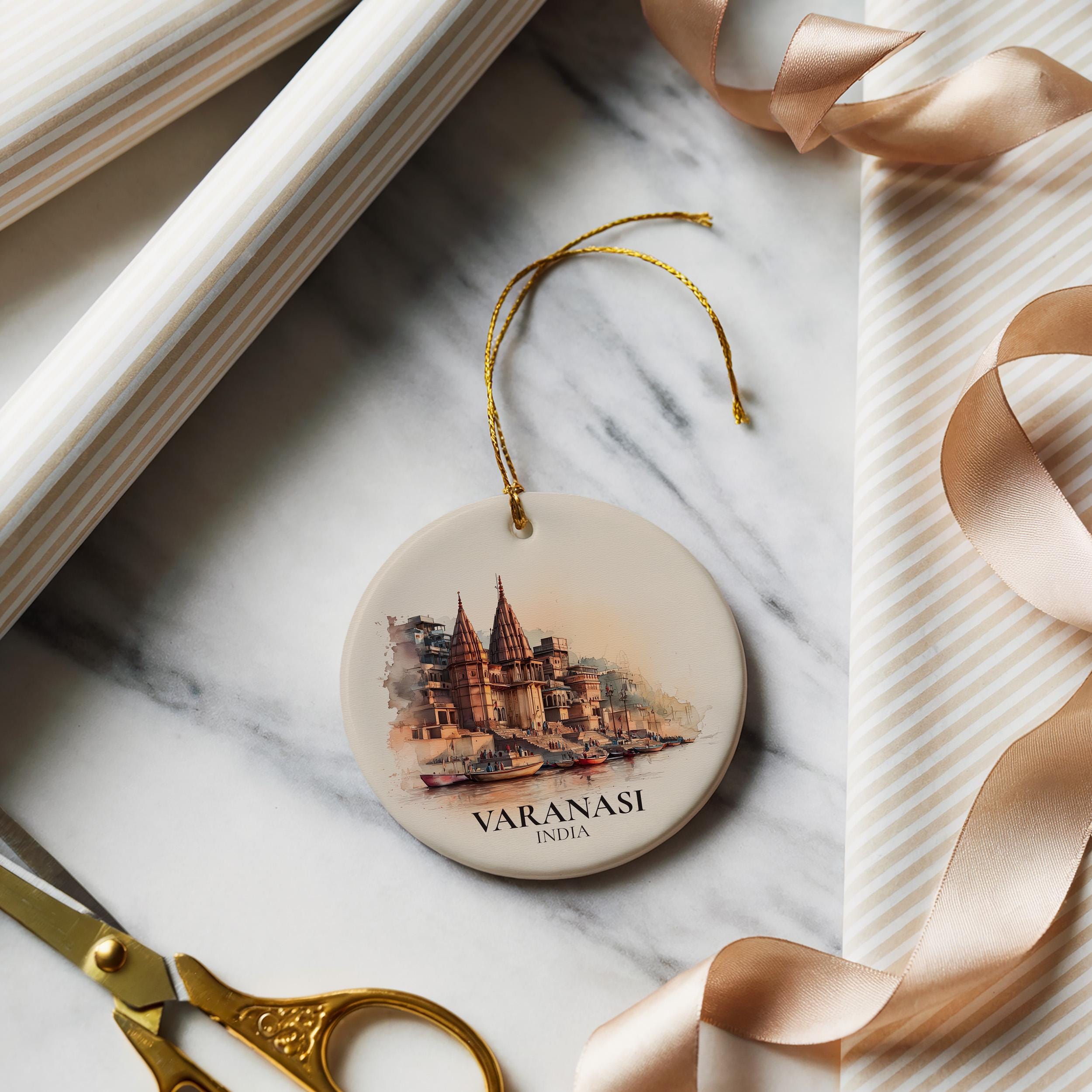 Varanasi India Personalized Watercolor Ornament, Custom Ceramic Christmas gift, Travel Keepsake