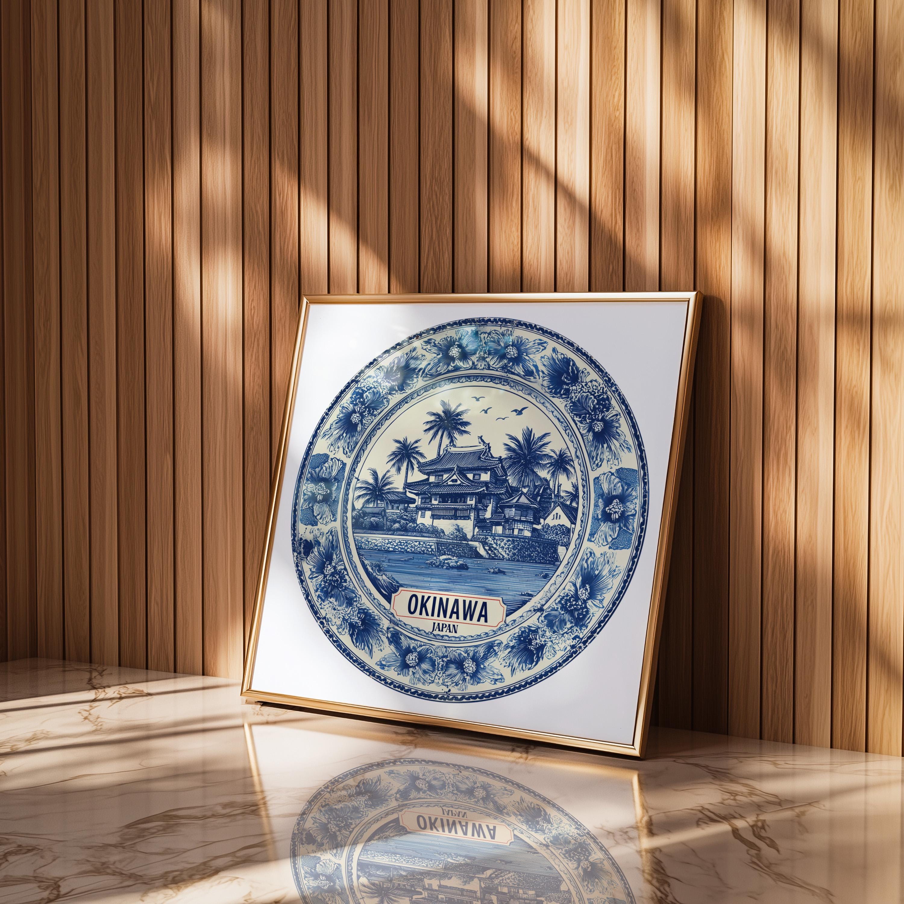 Okinawa Japan Wall Art, Vintage Delft Blue Poster, City Print, Travel Home Decor
