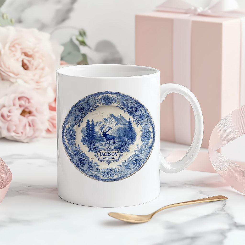 Jackson  Wyoming Mug, Custom Delft Style cup, Personalized Vintage Travel City Gift