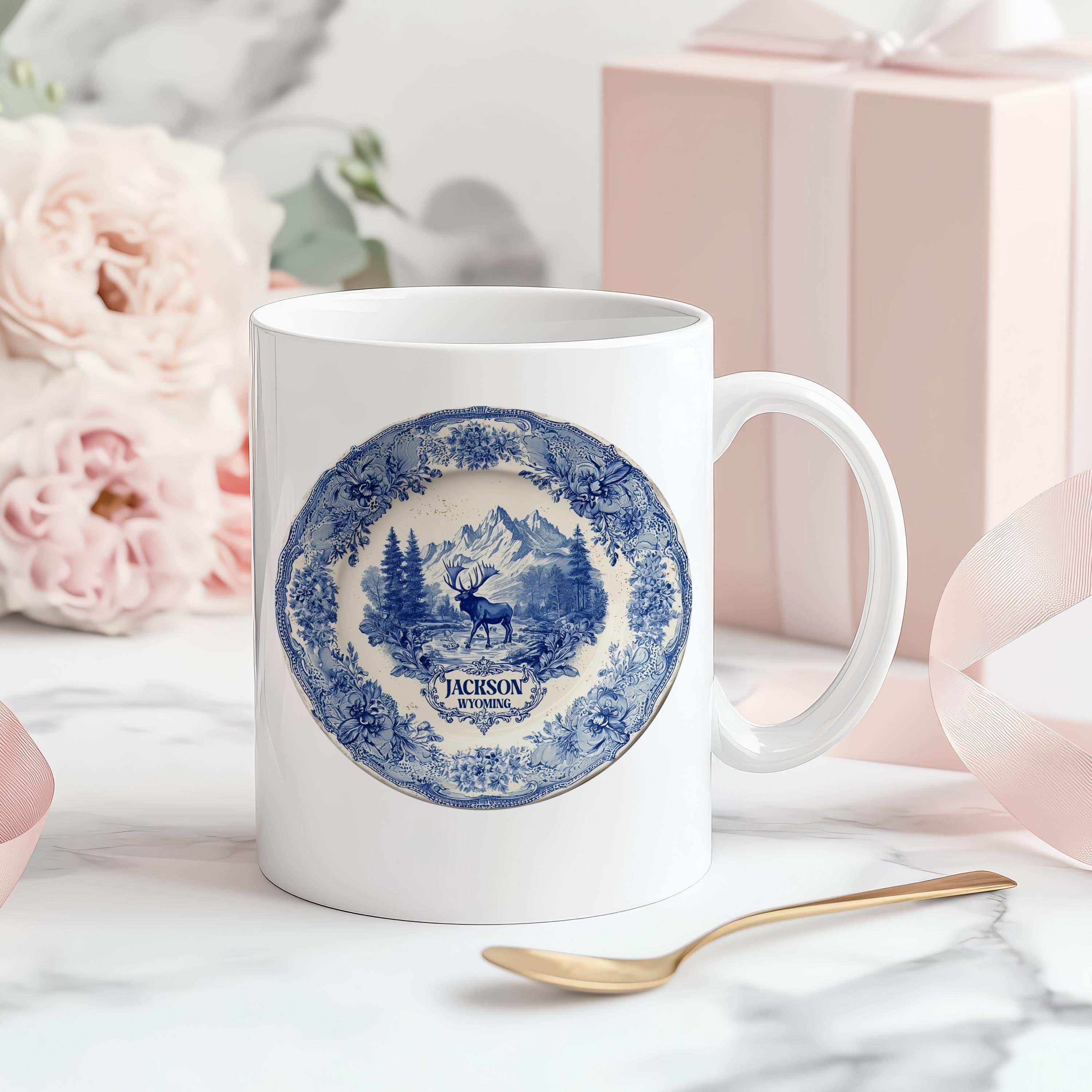 Jackson  Wyoming Mug, Custom Delft Style cup, Personalized Vintage Travel City Gift