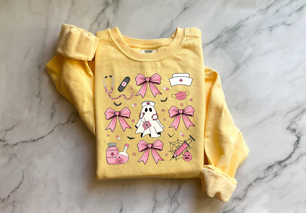 Cute nurse ghost Halloween Nurse Sweatshirt,  Pink Halloween Bow RN Fall Top Cozy Autumn Pullover, Cute Retro Gift for Nurse