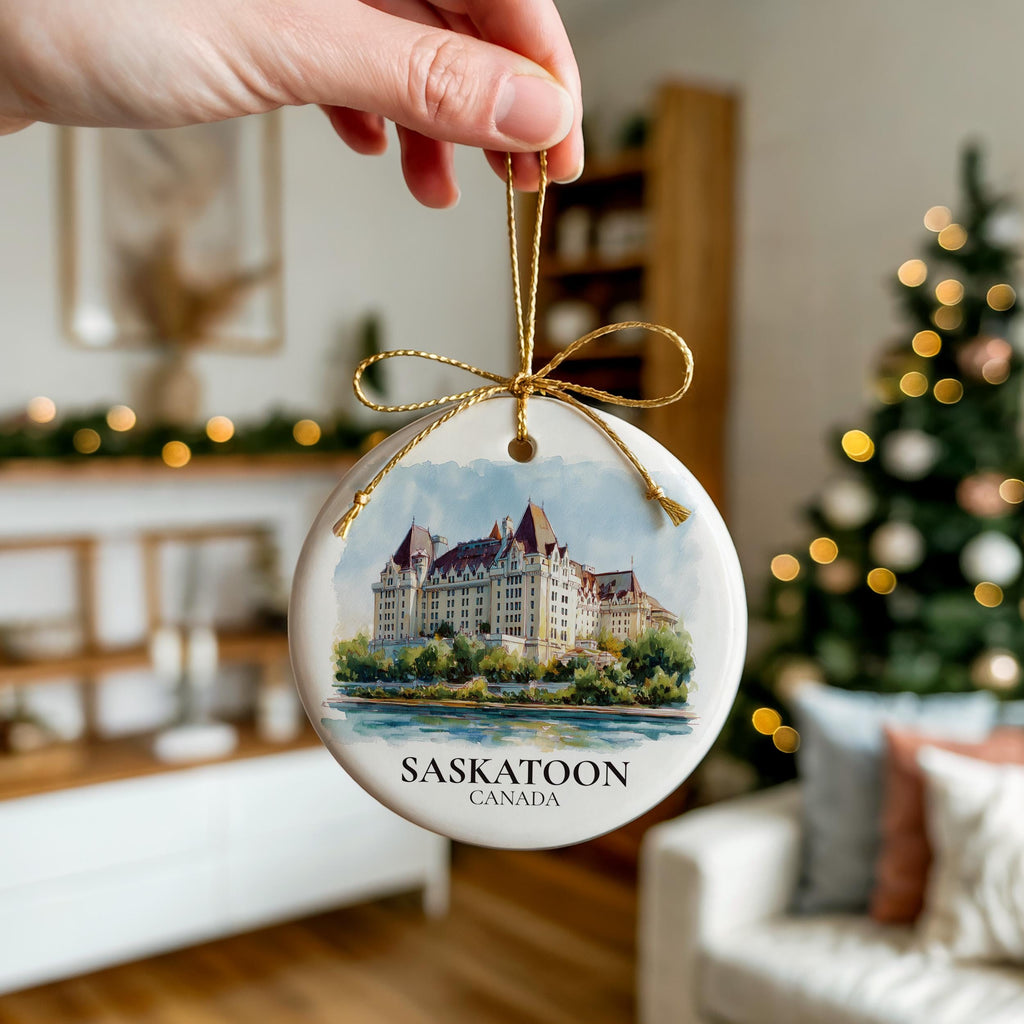 Saskatoon Saskatchewan Personalized Watercolor Ornament, Custom Ceramic Christmas gift, Travel Keepsake