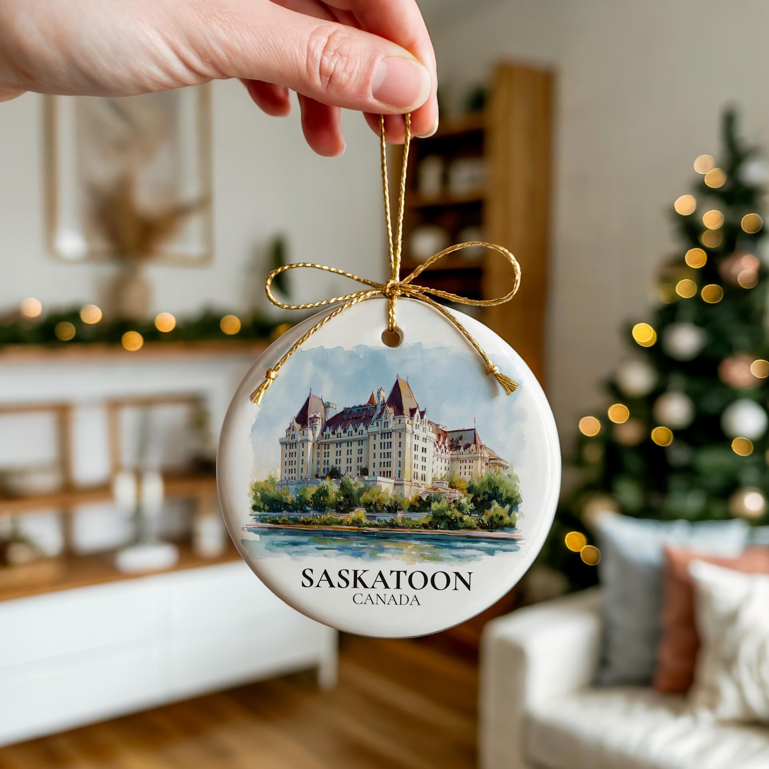 Saskatoon Saskatchewan Personalized Watercolor Ornament, Custom Ceramic Christmas gift, Travel Keepsake