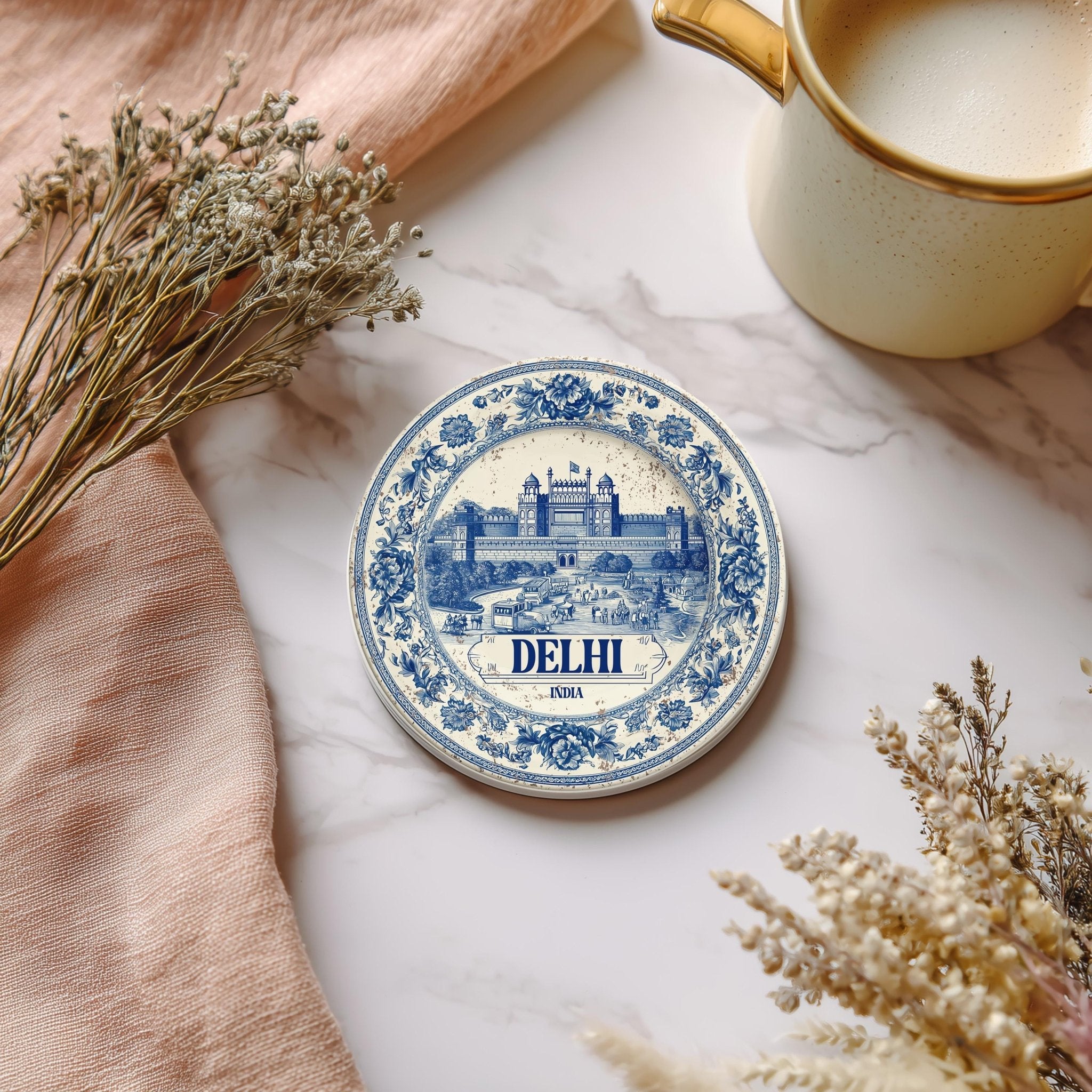 Delhi India Delftware Ceramic Coaster, Blue White Travel Gift, Vintage Home Decor Collectible - CuteBeePix