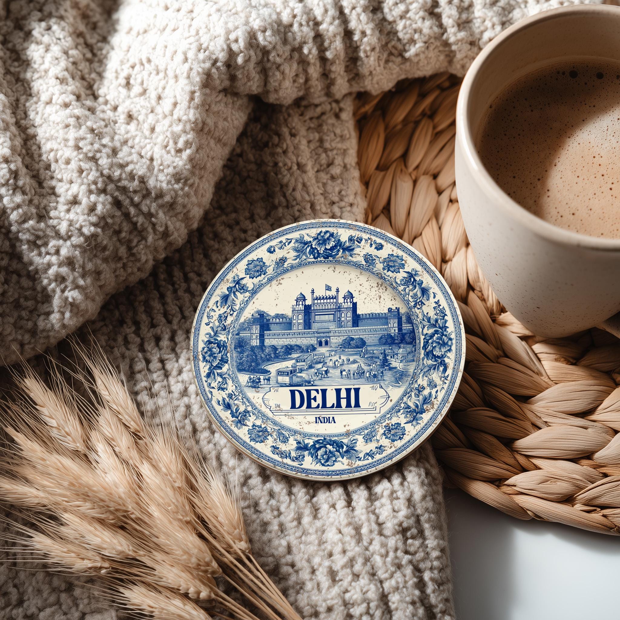 Delhi India Delftware Ceramic Coaster, Blue White Travel Gift, Vintage Home Decor Collectible - CuteBeePix