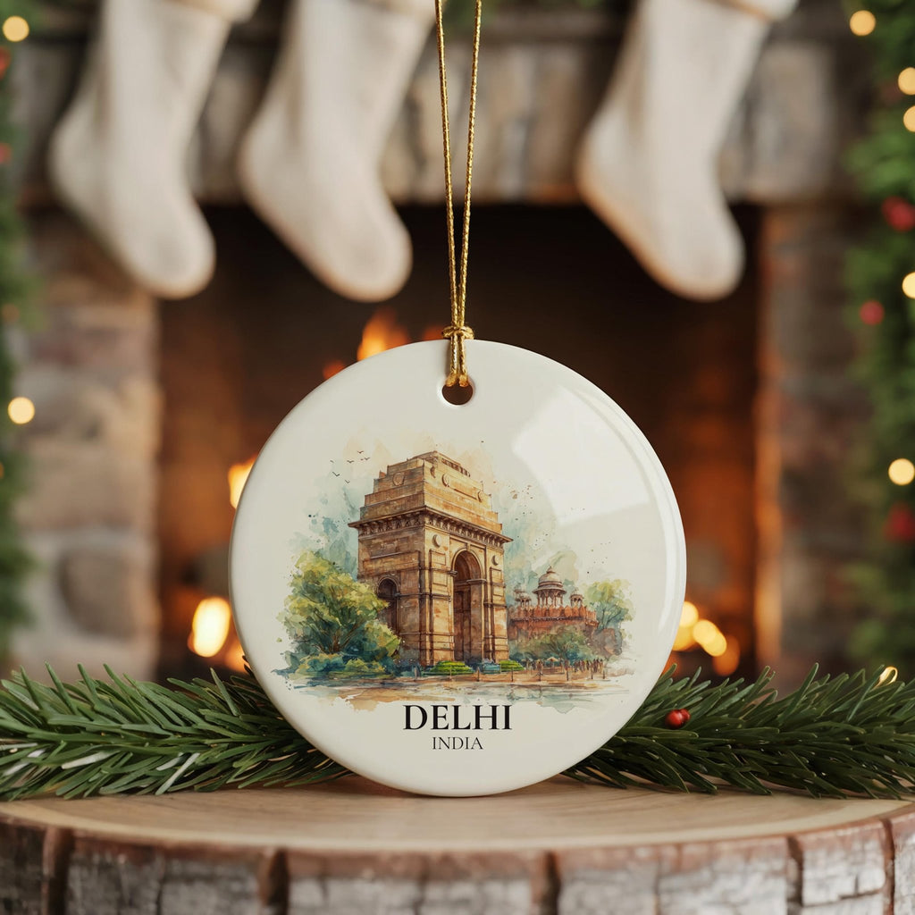 Delhi India Personalized Watercolor Ornament, Custom Ceramic Christmas gift, Travel Keepsake - CuteBeePix