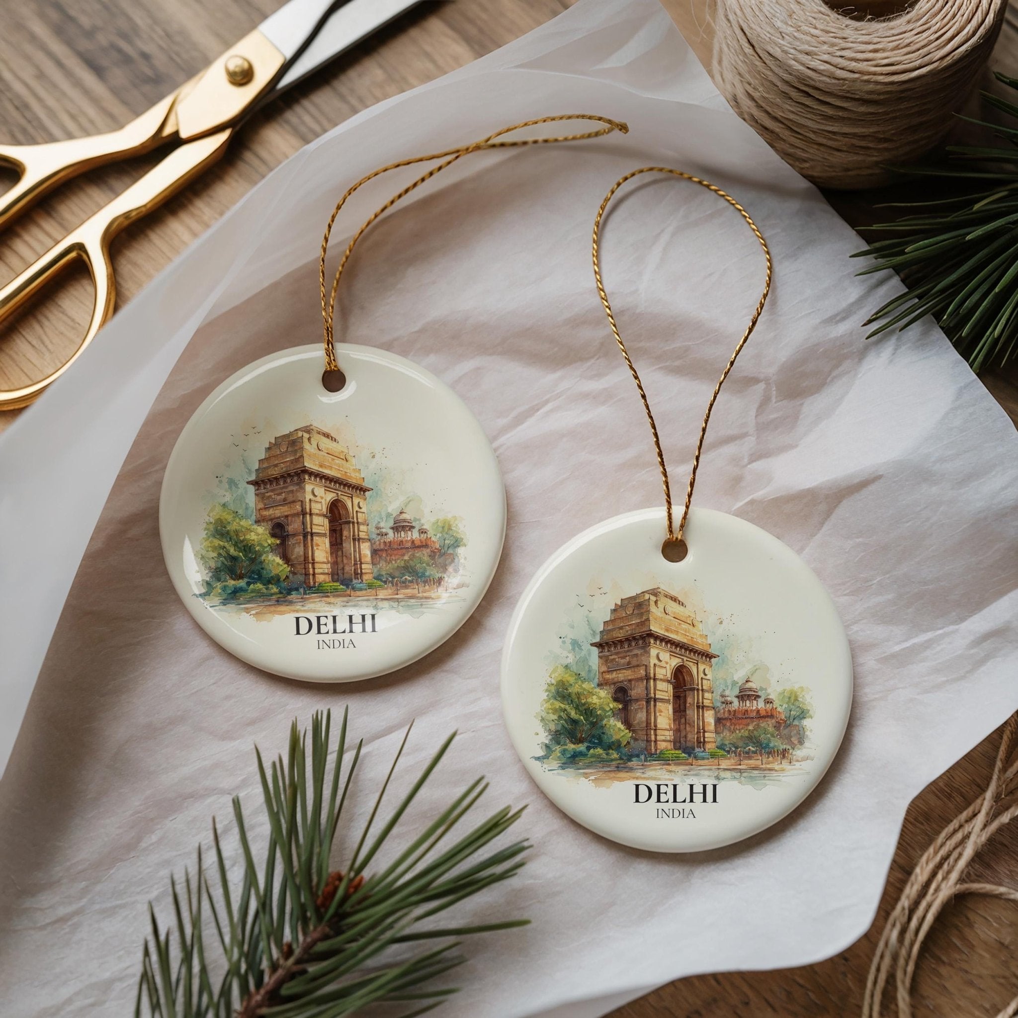 Delhi India Personalized Watercolor Ornament, Custom Ceramic Christmas gift, Travel Keepsake - CuteBeePix