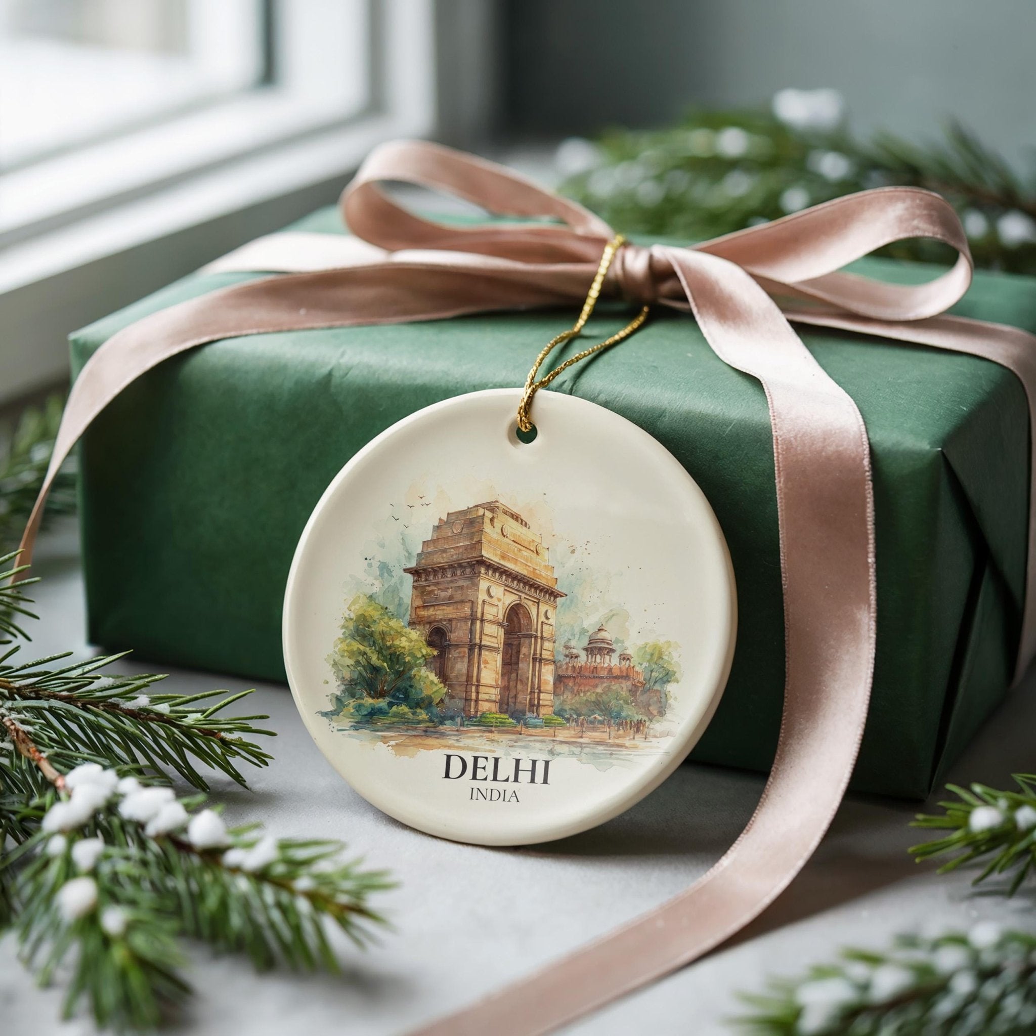 Delhi India Personalized Watercolor Ornament, Custom Ceramic Christmas gift, Travel Keepsake - CuteBeePix