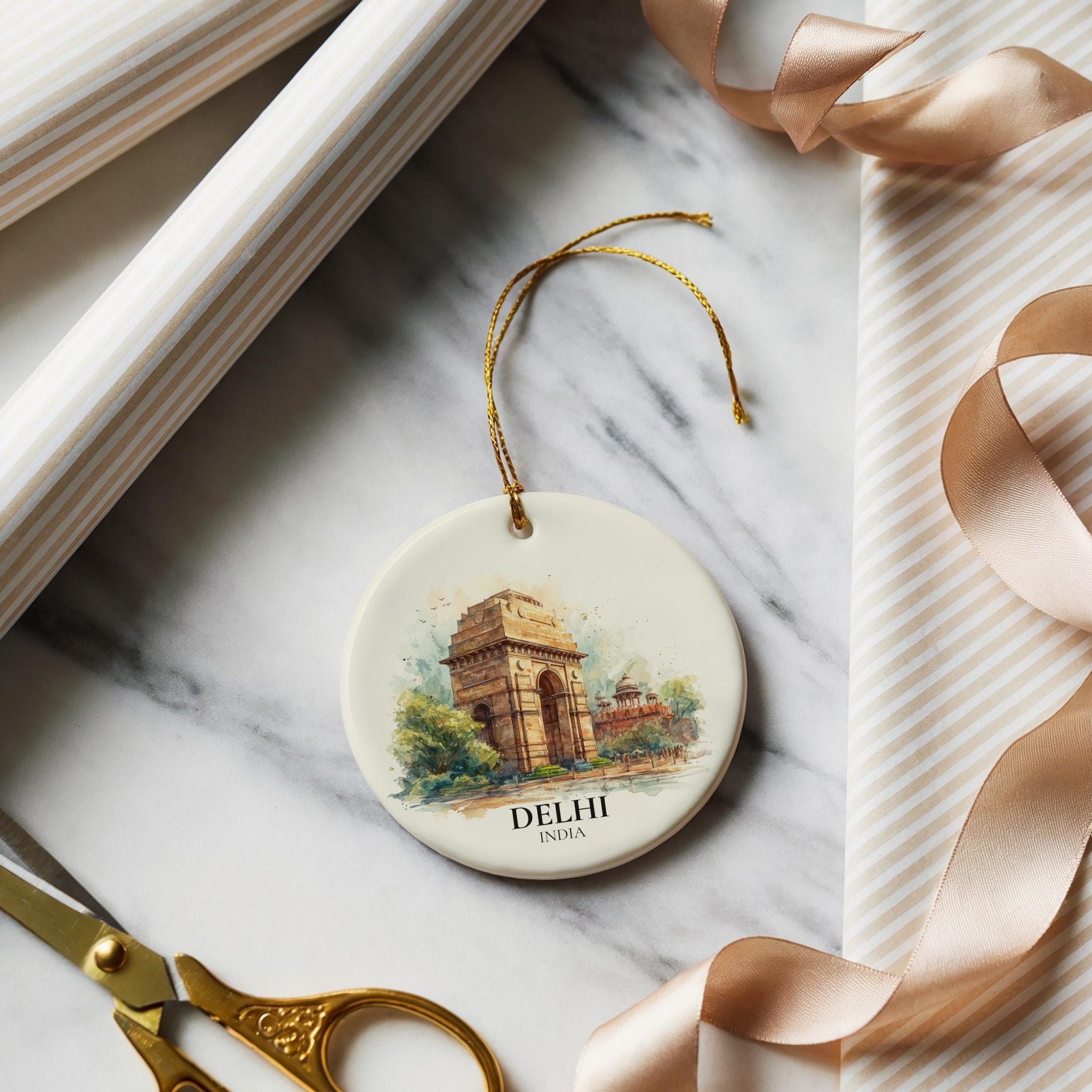 Delhi India Personalized Watercolor Ornament, Custom Ceramic Christmas gift, Travel Keepsake - CuteBeePix