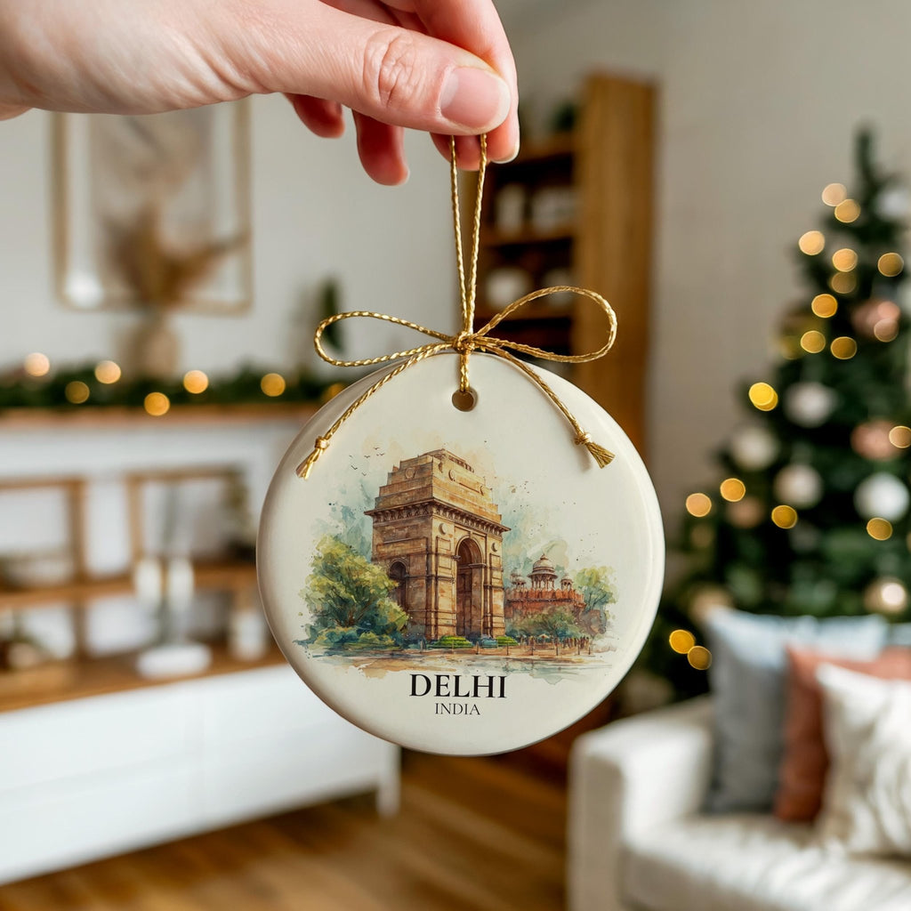 Delhi India Personalized Watercolor Ornament, Custom Ceramic Christmas gift, Travel Keepsake - CuteBeePix