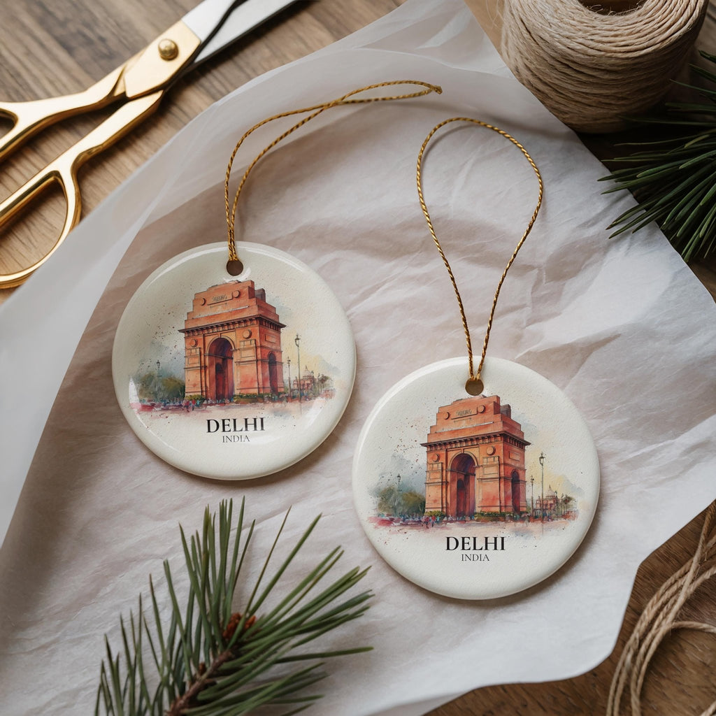 Delhi Personalized Watercolor Ornament, India Custom Ceramic Christmas gift, Travel Keepsake - CuteBeePix